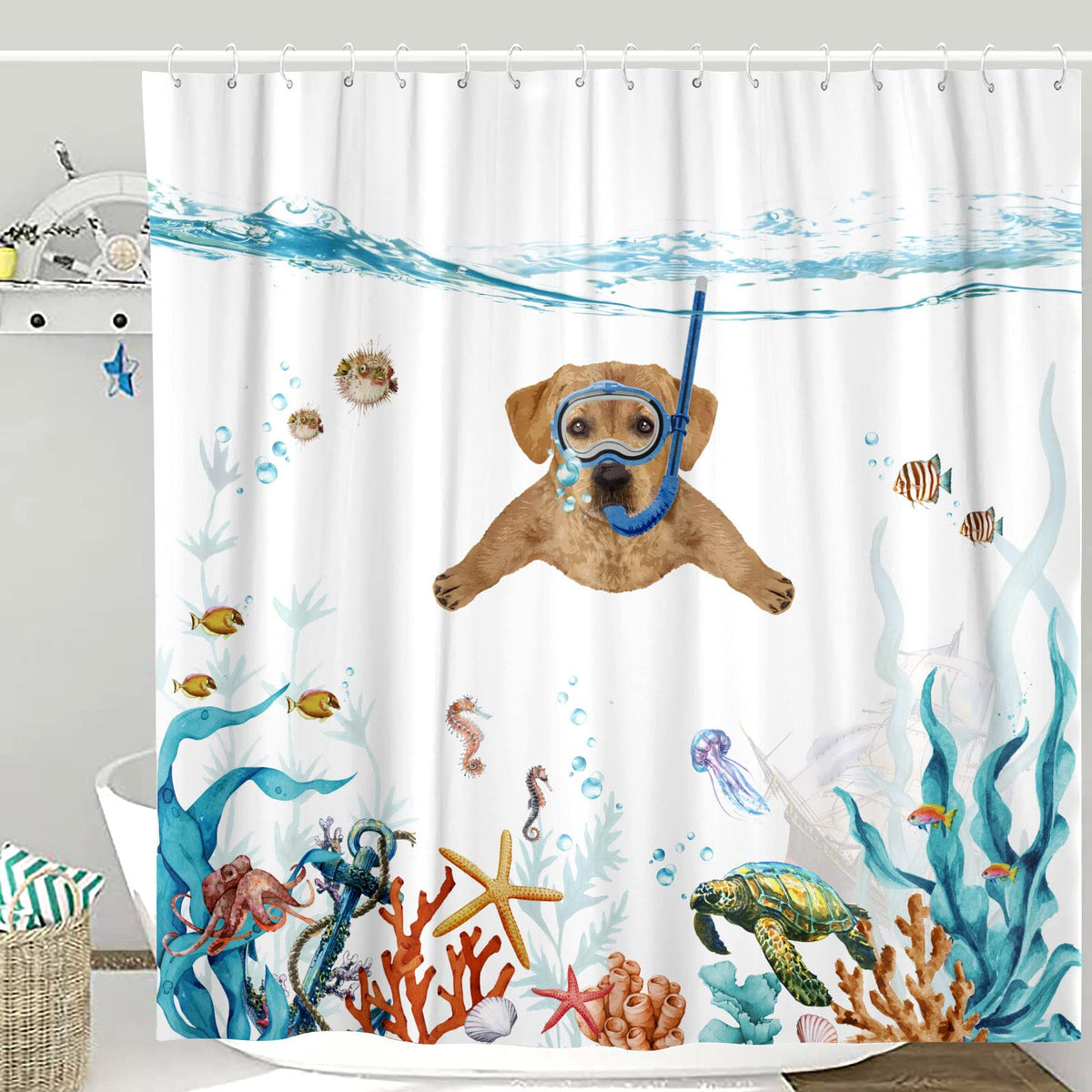 Fowocu Funny Dog Extra Long Shower Curtain Set Teal Blue Sea Ocean Waterproof Fabric Shower Curtains With Animal Octopus Starfis