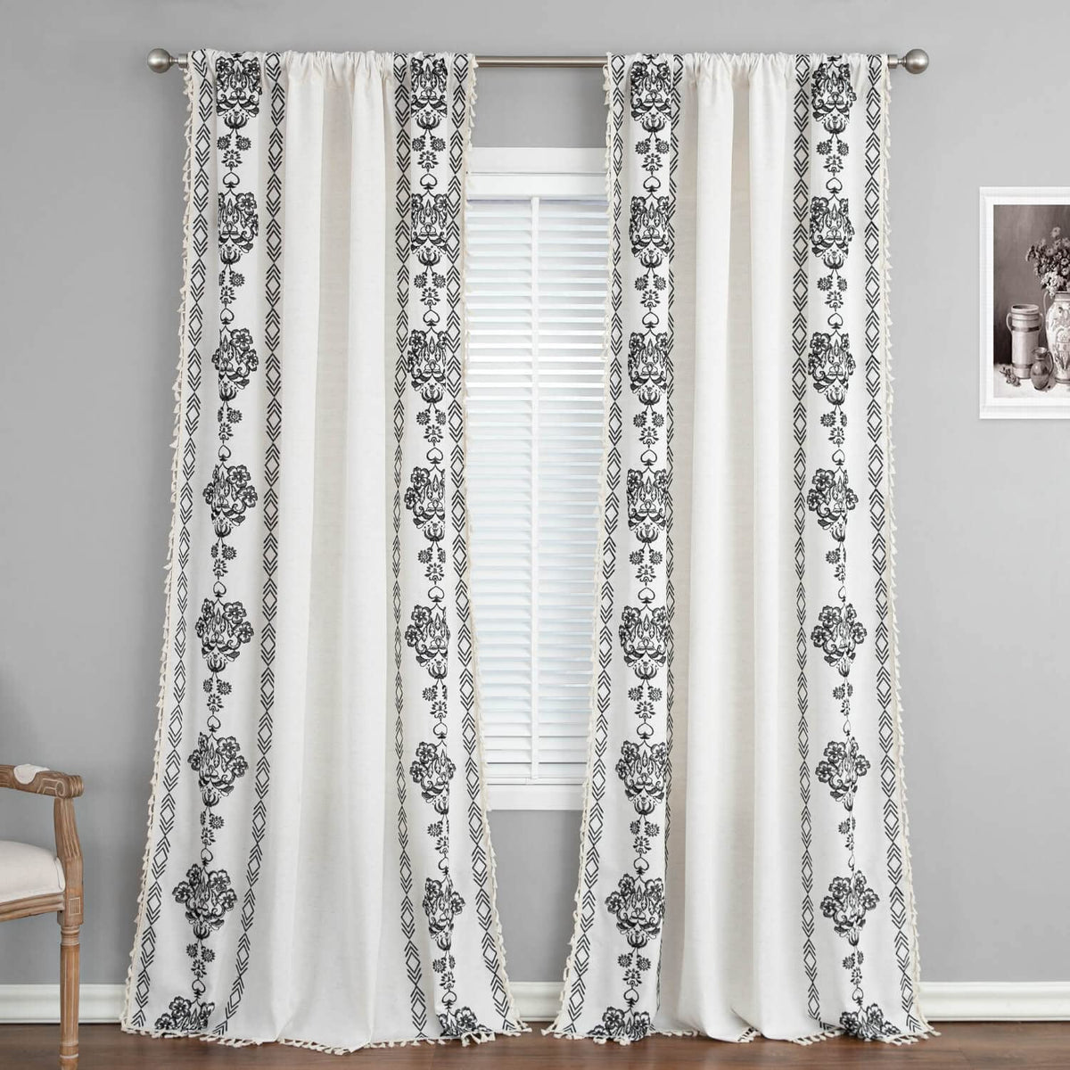 Vogol Light Filtering Boho Curtains, Black Flower Pattern Linen Textured Drapes For Bedroom Guest Room, View Reducing Rod Pocket