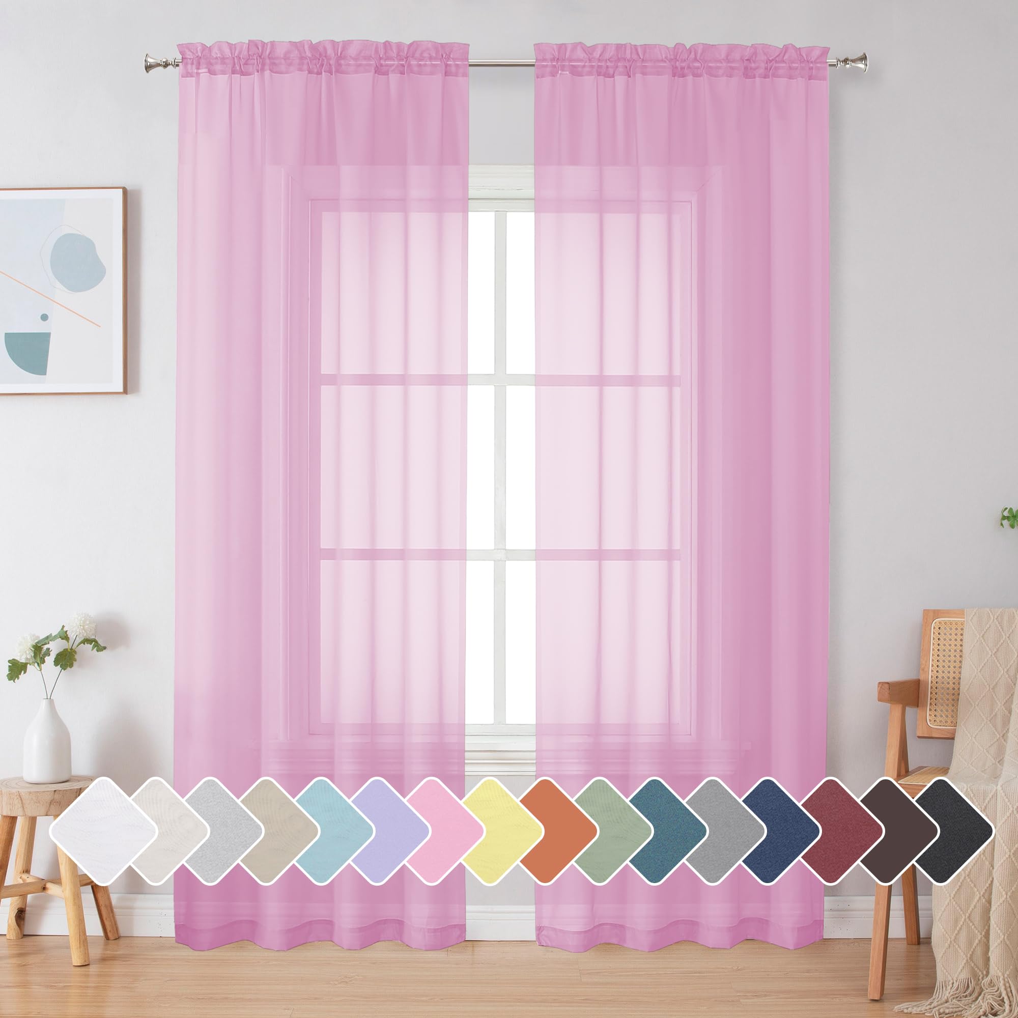 Simplebrand Pink Sheer Curtains 84 Inches Long, Light Filtering Rod Pocket Solid Color Window Sheer Curtain Panels, Elegant Curt