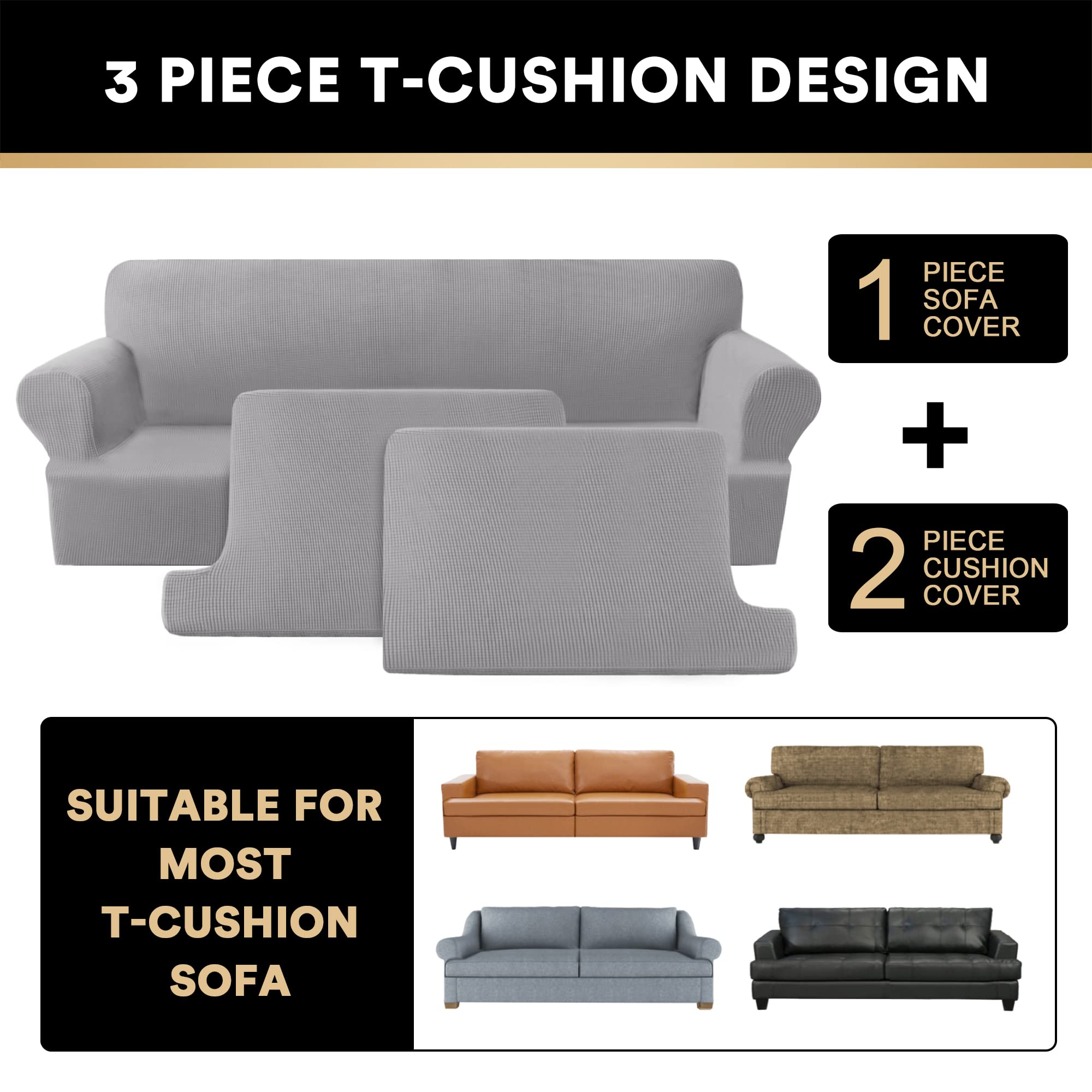 Princedeco T Cushion Sofa Slipcover 3 Pieces Sofa Covers For T Cushion Sofa Soft Couch Cover Sofa Slip Covers Furniture Covers W