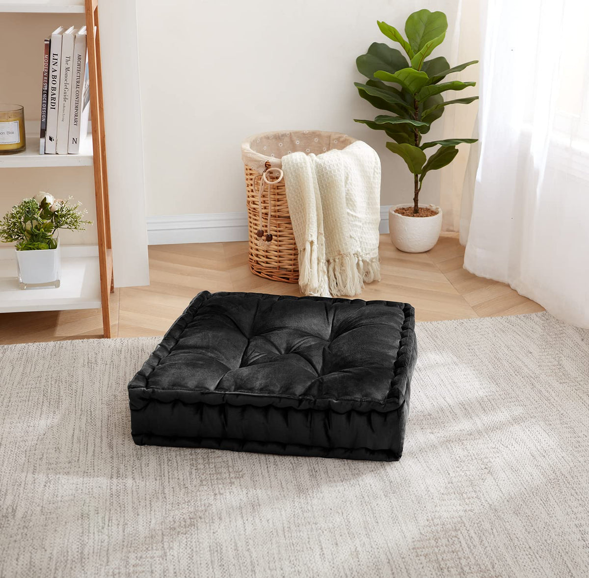 Sweet Home Collection Floor Pillow Large Square Tufted Decorative Cushion. Faux Velvet Fabric Ultra Thick Fill For Kids And Adul