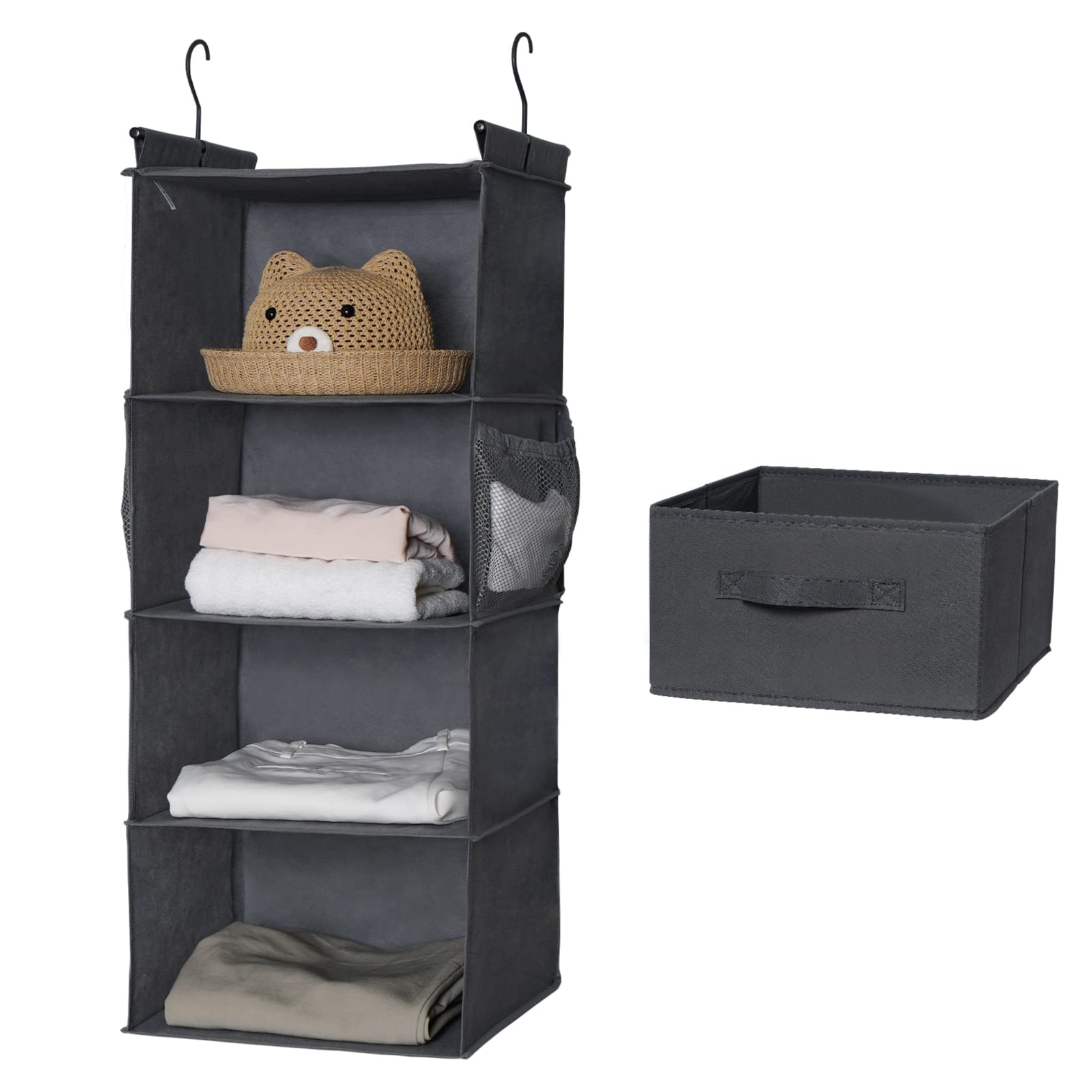Max Houser 4-Shelf Hanging Closet Organizer, Space Saver, Cloth Hanging Shelves With 2 Side Pockets, Foldable (Grey)