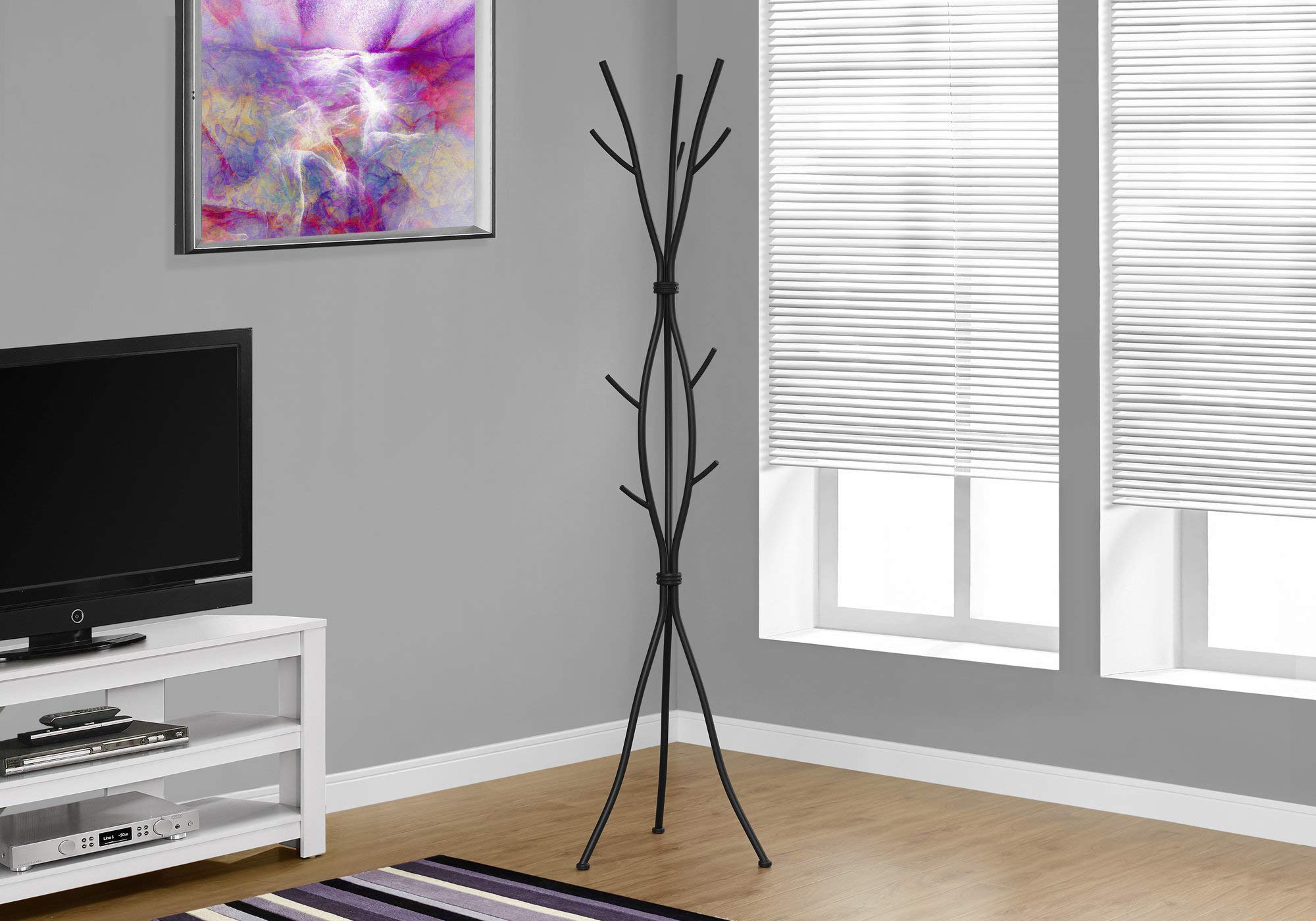 Monarch Specialties Coat Rack - Coat Tree With 8 Hooks, Hammered Metal 74" H (Black)