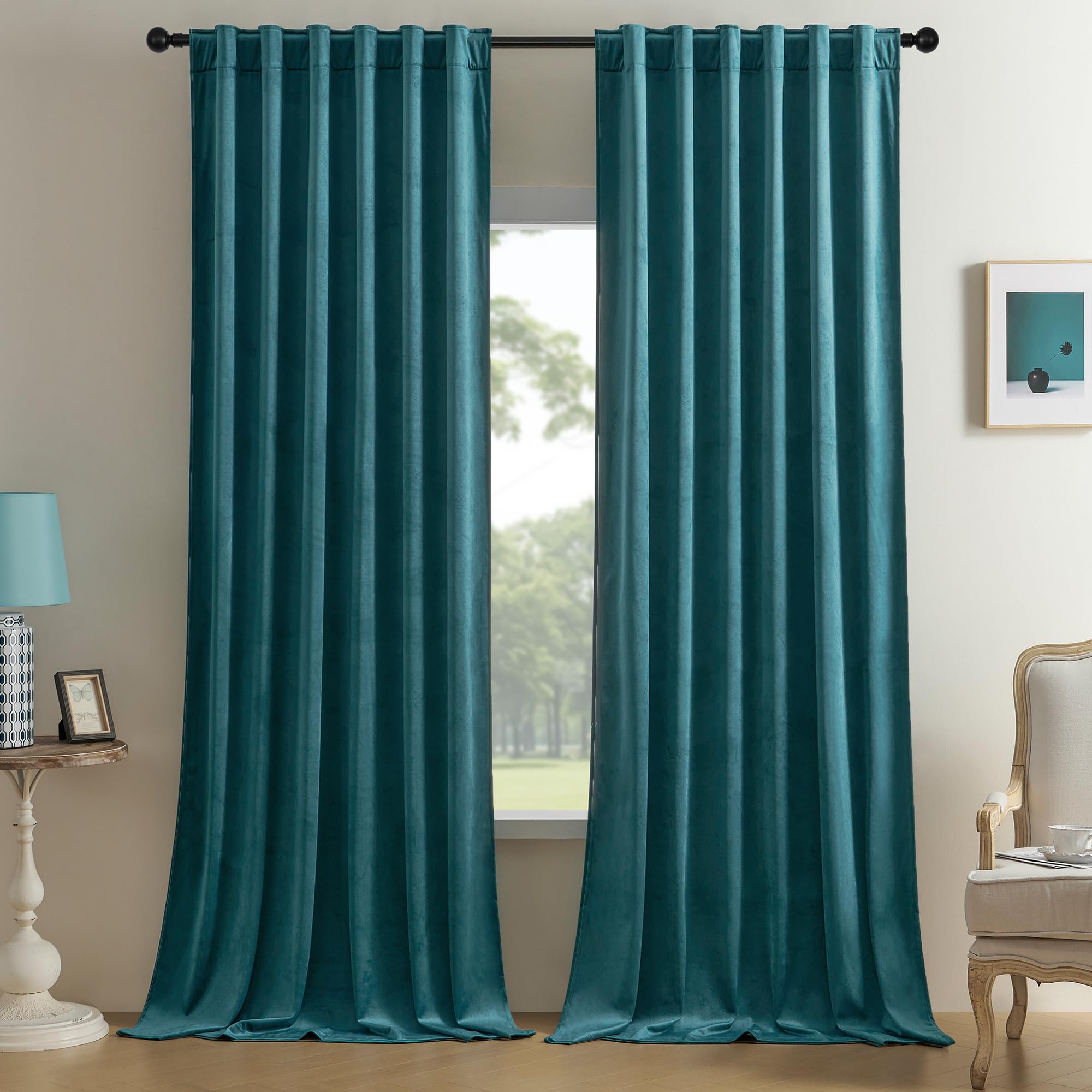 Timeper 96 Inches Velvet Curtains, Peacock Blue Blackout Luxury Home Decor Noise Reducing Window Treatment For Living Room Bedro