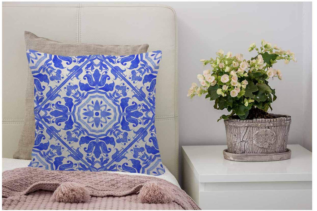 Wondertify Throw Pillow Case Cover Portuguese Azulejo Tiles Talavera Geo Mexican Blue And White Gorgeous Design Soft Linen Pillow Case For Decorative Bedroom/Livingroom/Sofa Cushion Covers 18X18 Inch