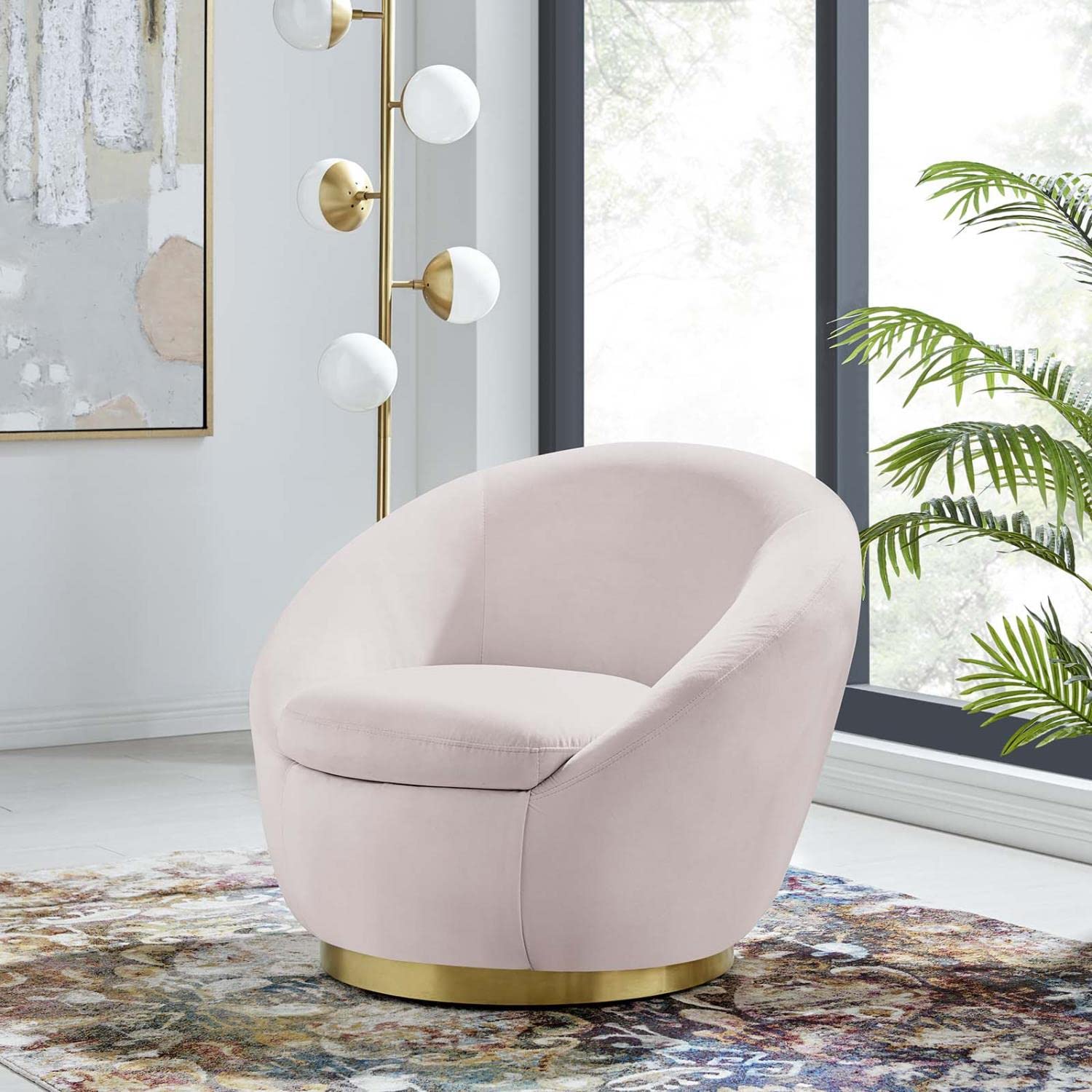 Modway Buttercup Modern Performance Velvet Swivel Chair In Gold/Pink