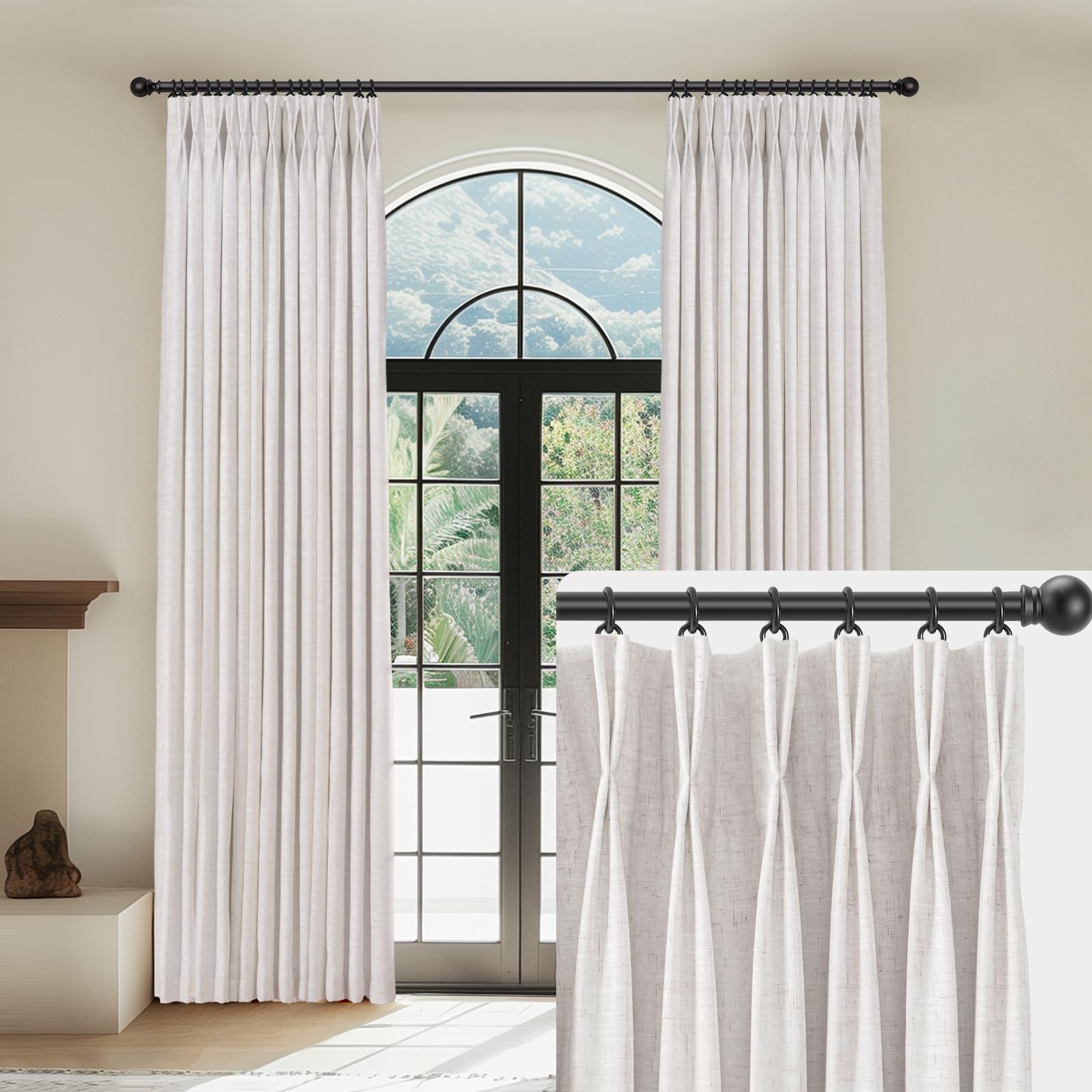 Capaloca White Linen Pinch Pleated Curtains Blackout 100% Black Out Curtains 108 Inches Long 2 Panels Pinch Pleat Curtains With