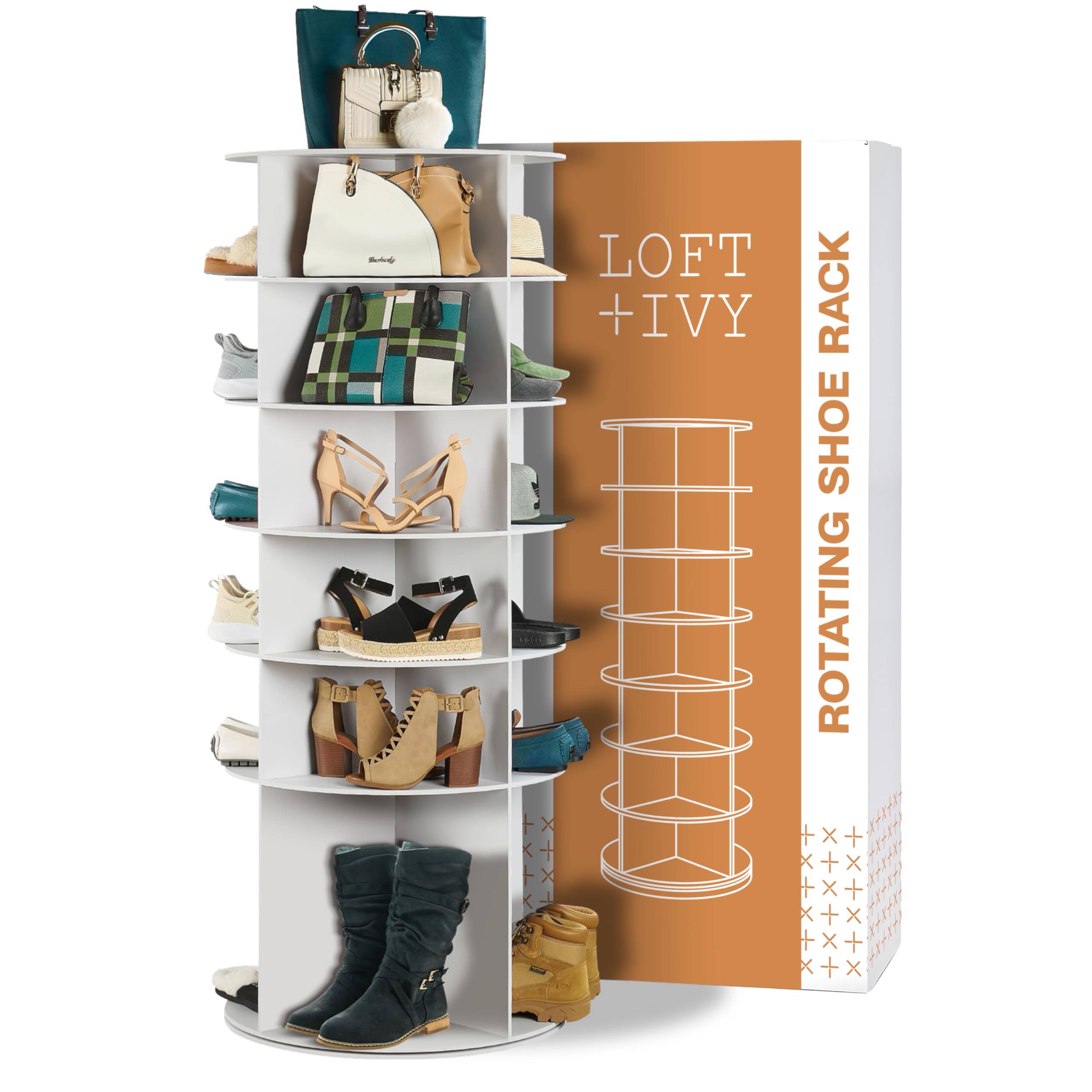LOFT + IVY 7 Tier Rotating Shoe Rack Tower - 360 Spinning Storage Organizer, Modern Round Shoe Carousel for Closet, Entryway, Be