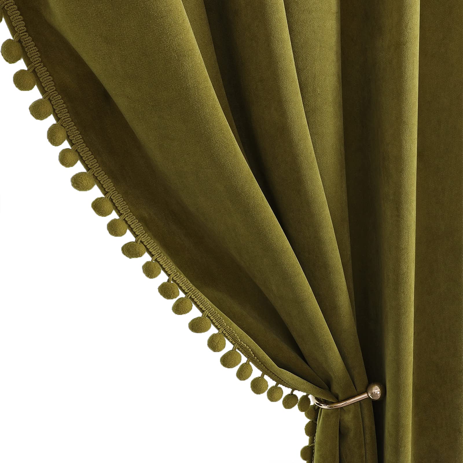 Benedeco Olive Green Velvet Curtains For Bedroom Window With Pom Pom, Super Soft Luxury Drapes, Room Darkening Thermal Insulated