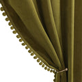 Benedeco Olive Green Velvet Curtains For Bedroom Window With Pom Pom, Super Soft Luxury Drapes, Room Darkening Thermal Insulated
