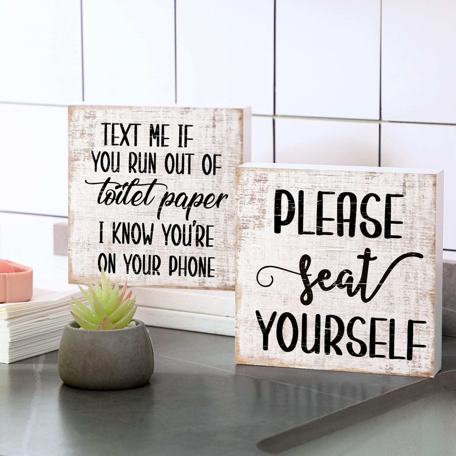 Jetec 2 Pieces Farmhouse Bathroom Signs Decor Wooden Box Sign Funny Bathroom Wall Art Rustic Bathroom Wood Plaque Please Seat Yo