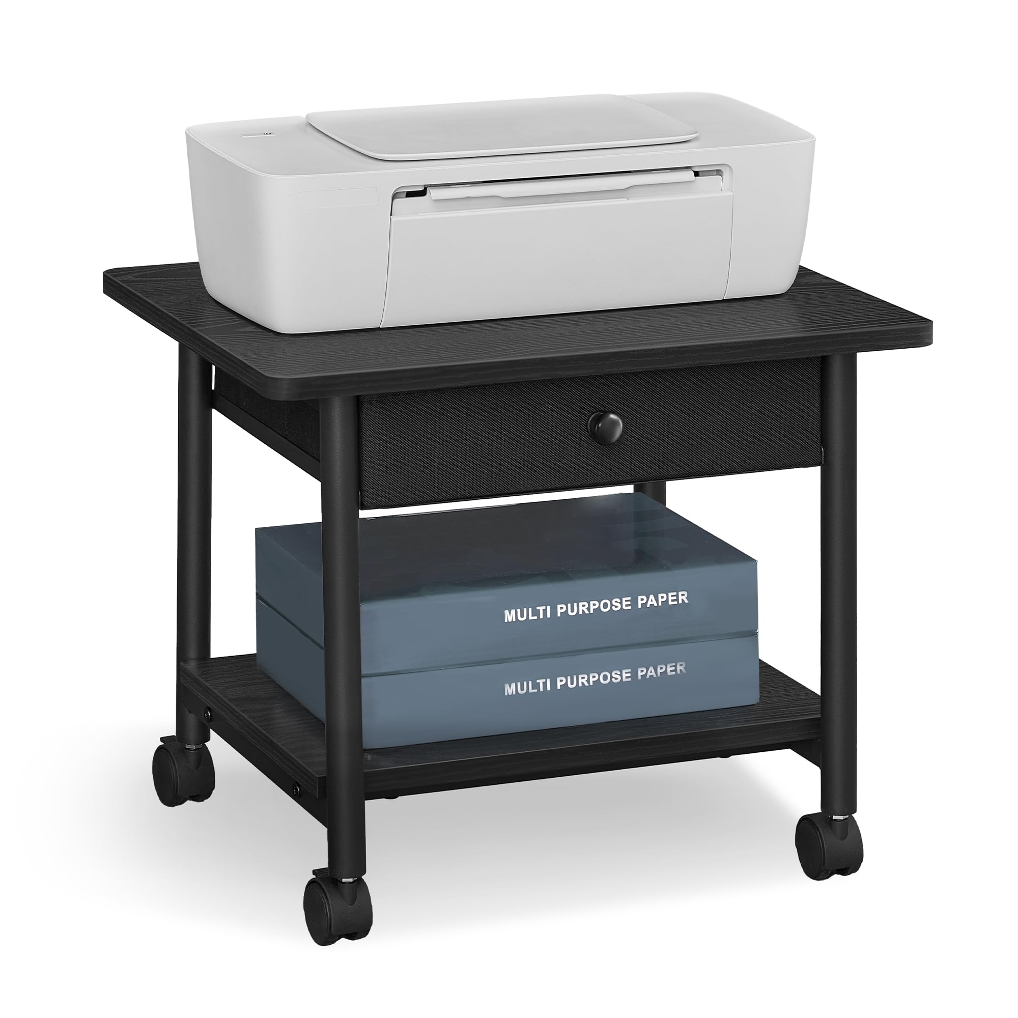 VASAGLE Printer Stand, Under Desk Printer Stand with Wheels, Drawer with Divider, Bottom Shelf, Fits Inkjet, Laser, Photo, All-i