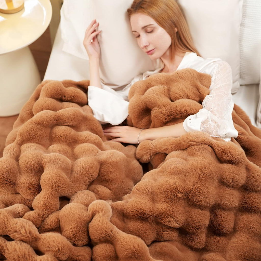 Super Comfort Oversized Warm Thick Bubble Double Sided Plush Rabbit Faux Fur Throw Blanket, Fluffy Blanket,Soft Cozy Blanket For