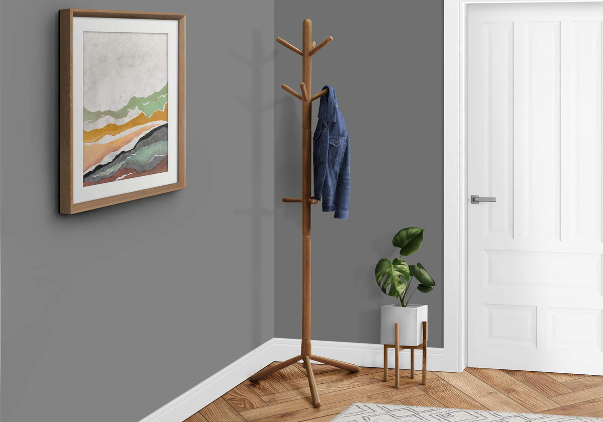 Monarch Specialties 2003, Hall Tree, Free Standing, 9 Hooks, Entryway, Bedroom, Wood, Brown, Contemporary, Modern Coat Rack, 16.25&quot; L x 16.25&quot; W x 69&quot; H, Oak