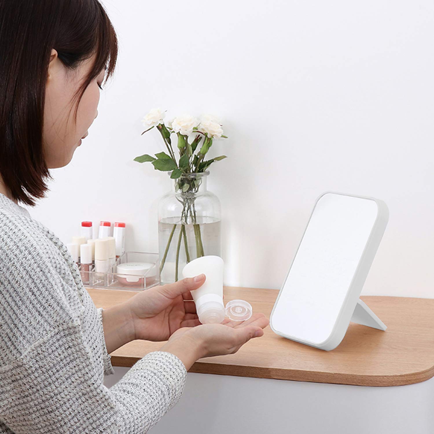 Coobbar Desktop Foldable Makeup Mirror Simple Portable Princess Mirror Square Makeup Mirror For Women (White)