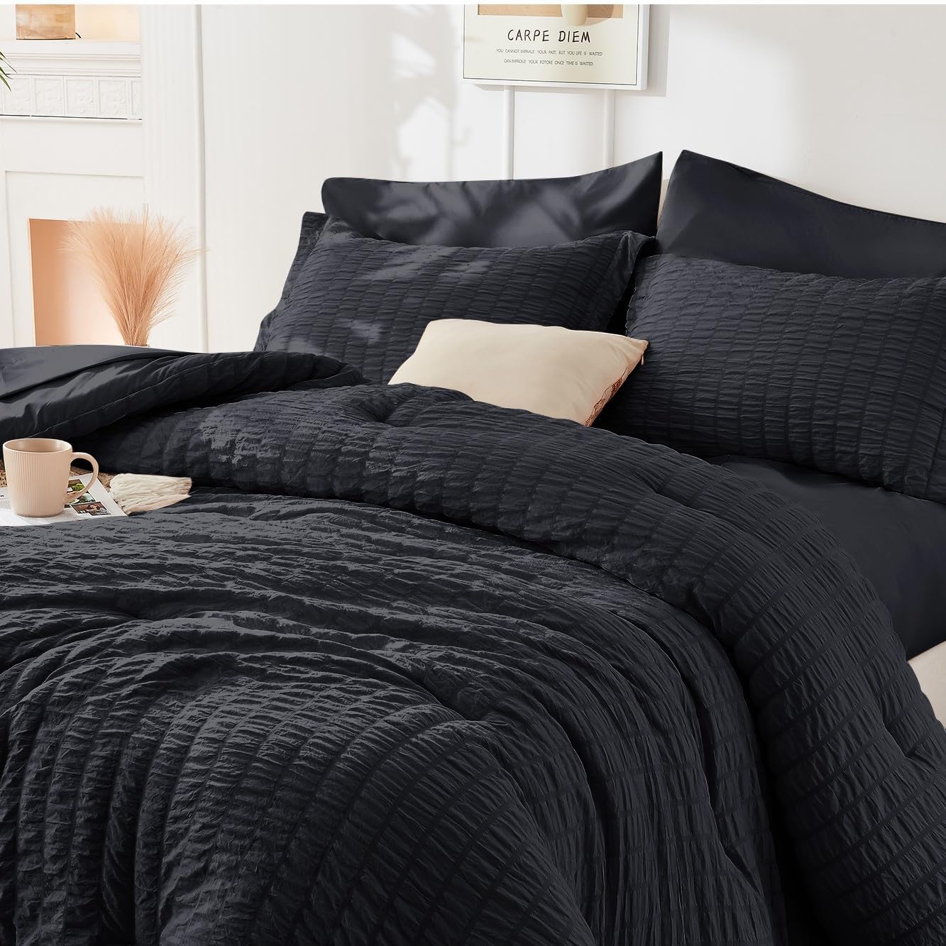Hymokege Black Twin Duvet Cover Set, Ultra Soft & Breathable 3Pc Seersucker Duvet Cover Set With Zipper Closure & Corner Ties -