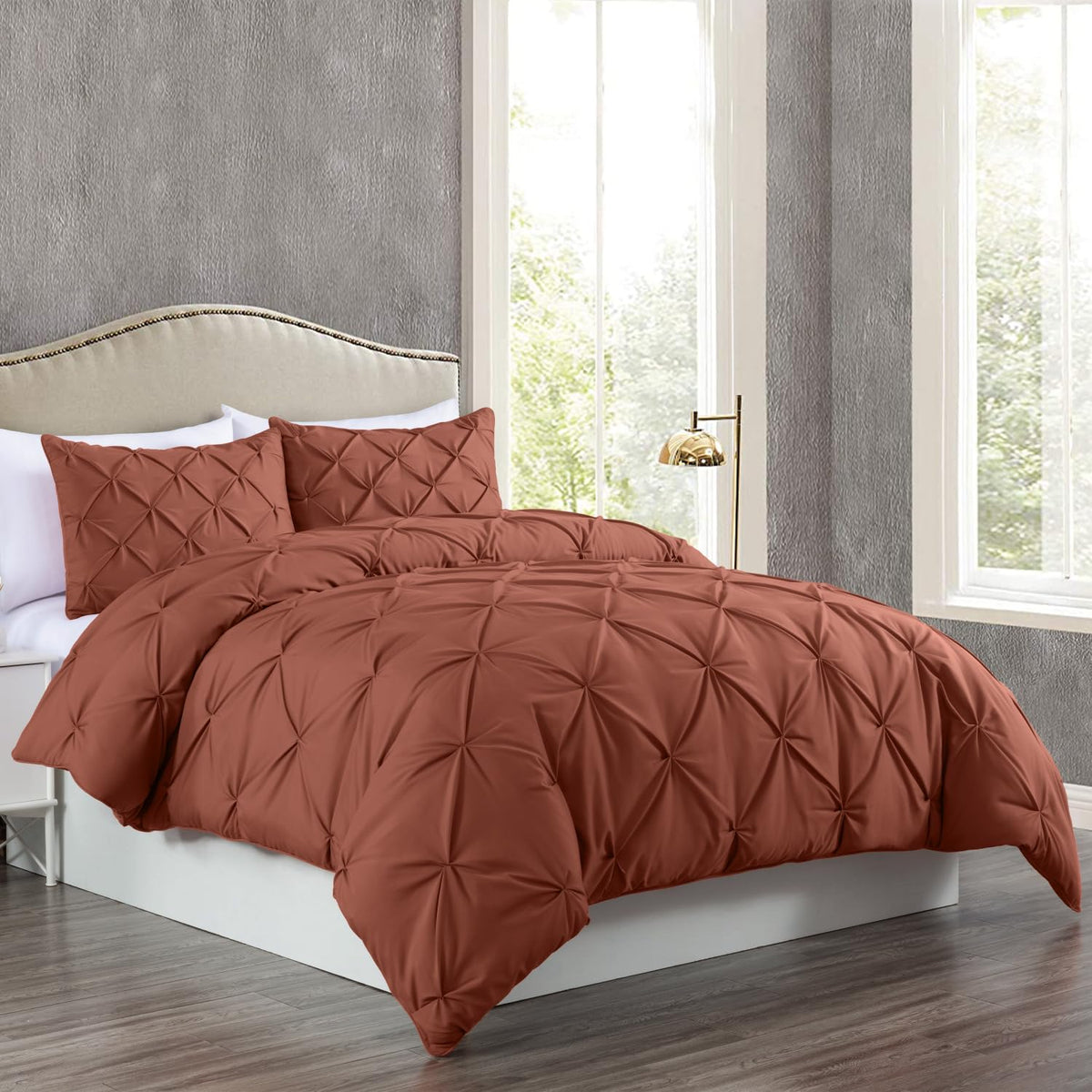 Chezmoi Collection Berlin Terracotta Pinch Pleat King Comforter Set, 3-Piece (Comforter And Pillow Shams) - Soft Pintuck, Lightw