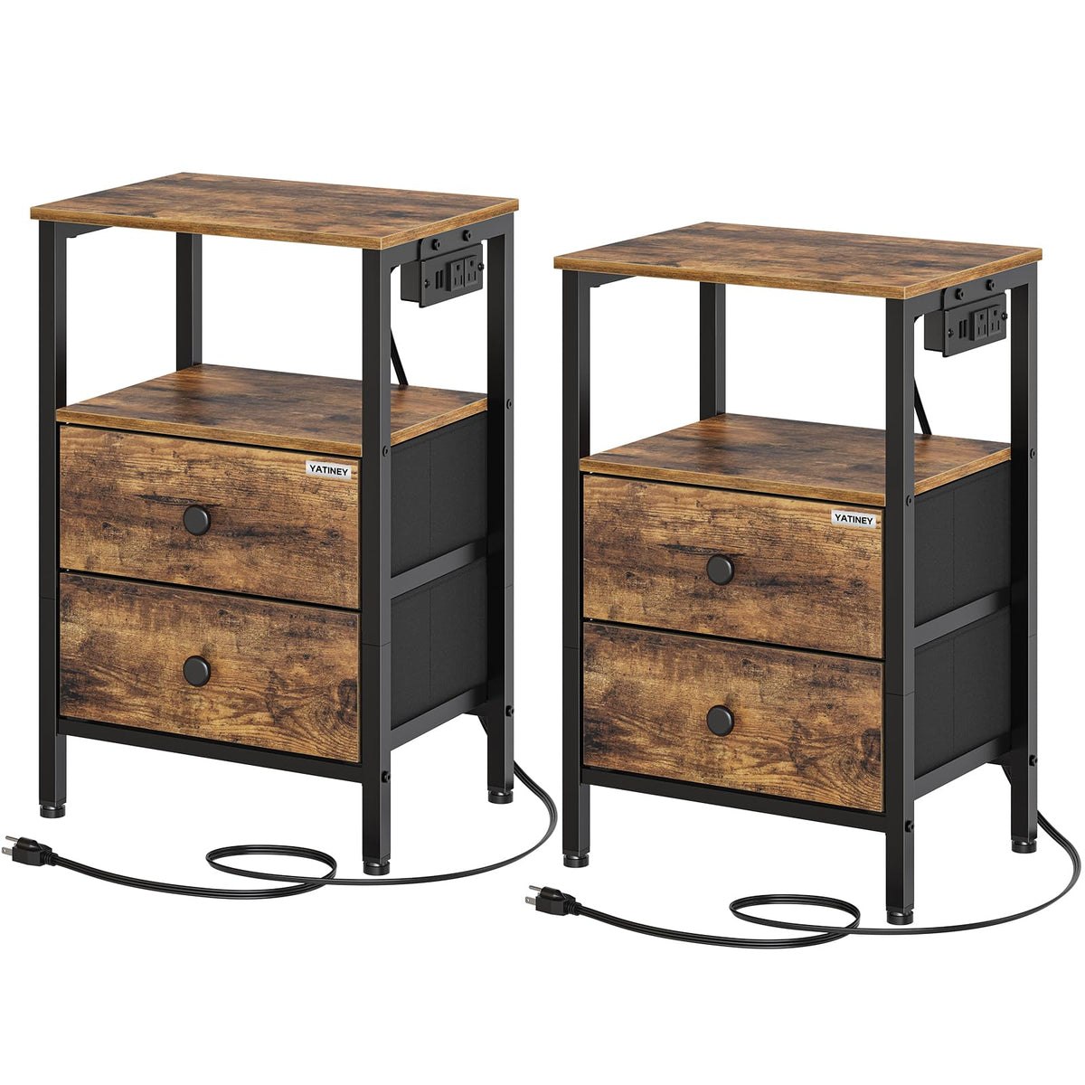 Yatiney Nightstands Set Of 2, Dorm Night Stand With Charging Station, Bedside Tables With 2 Non-Woven Drawers, Side Table For Dorm Room, End Table For Small Spaces, College, Living Room Et02L2Br