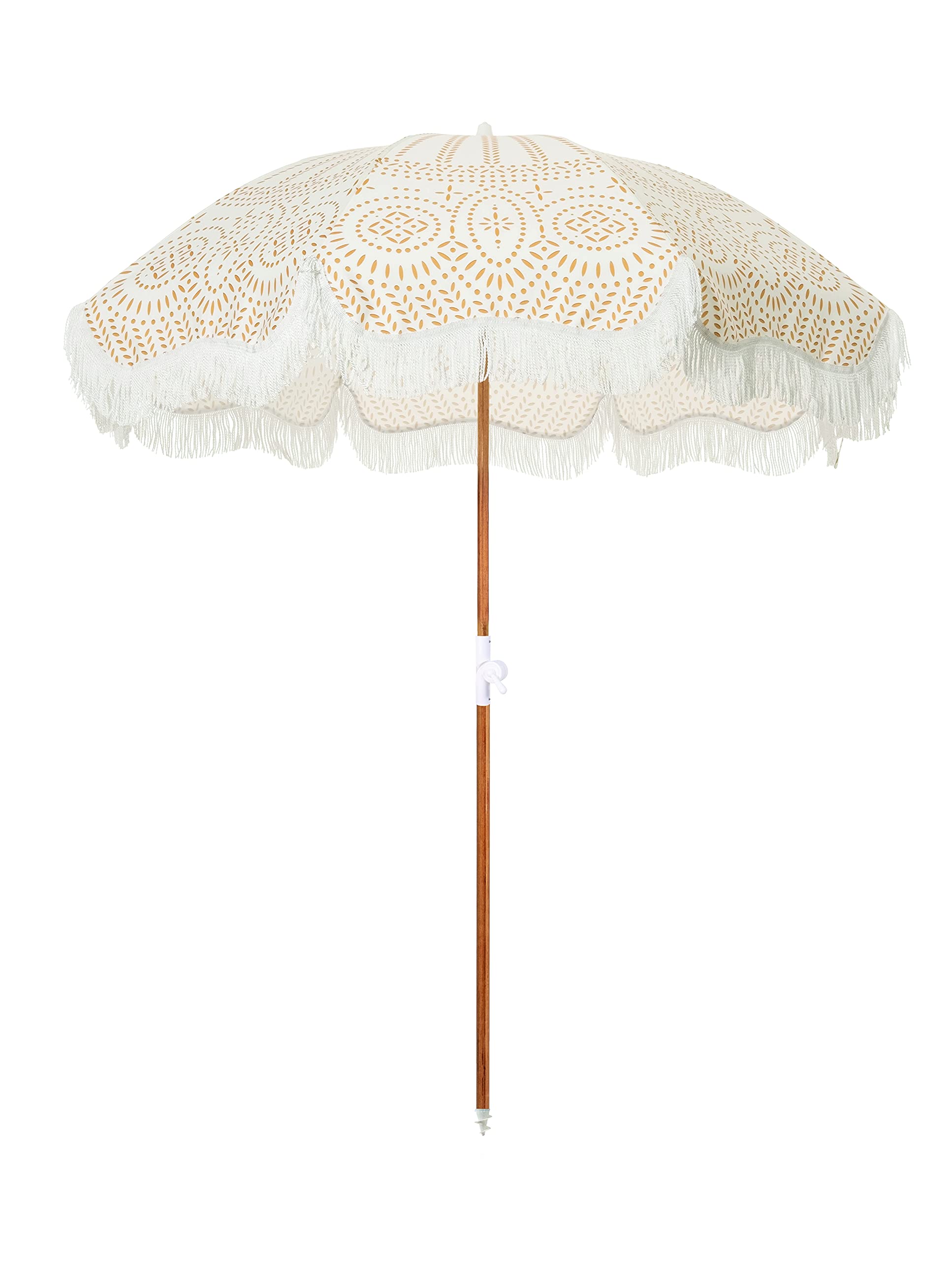 Business & Pleasure Co. Holiday Umbrella - Boho Beach Umbrella With White Fringe, Upf 50+, 1' Tilting Wood Pole, 5 X 6.5, Eyele