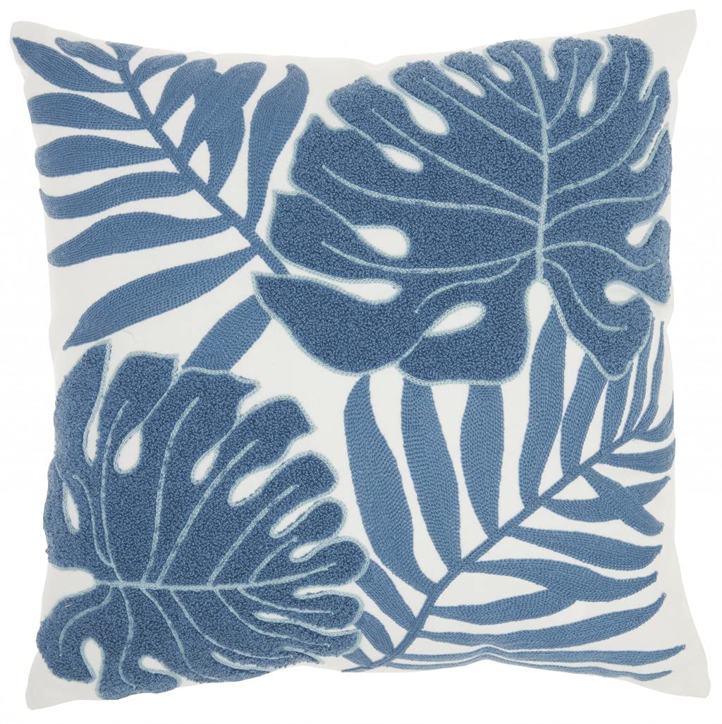 HomeRoots 100% Cotton Blue and Ivory Tropical Leaves Throw Pillow