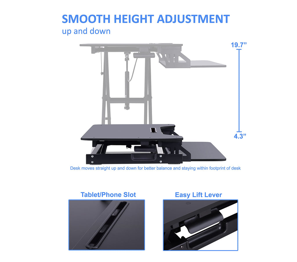 Rocelco Standing Desk Converter with Dual Monitor Mount - 31.5 Inch Sit Stand Up Tabletop Riser with Tablet Holder, Height Adjustable Workstation - Deep Keyboard Tray for Laptop - Black (R VADRB-DM2)