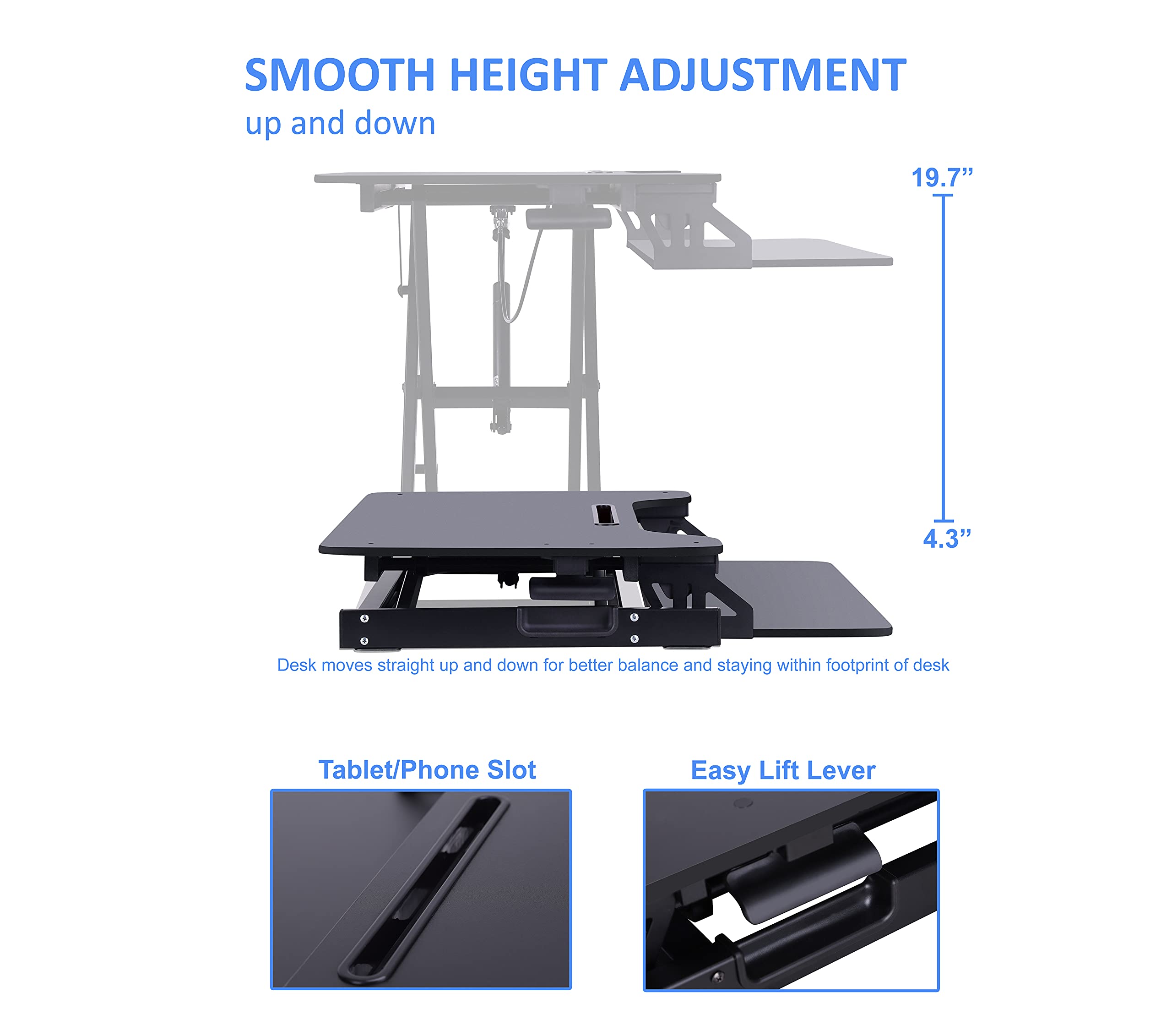 Rocelco Standing Desk Converter with Dual Monitor Mount - 31.5 Inch Sit Stand Up Tabletop Riser with Tablet Holder, Height Adjustable Workstation - Deep Keyboard Tray for Laptop - Black (R VADRB-DM2)