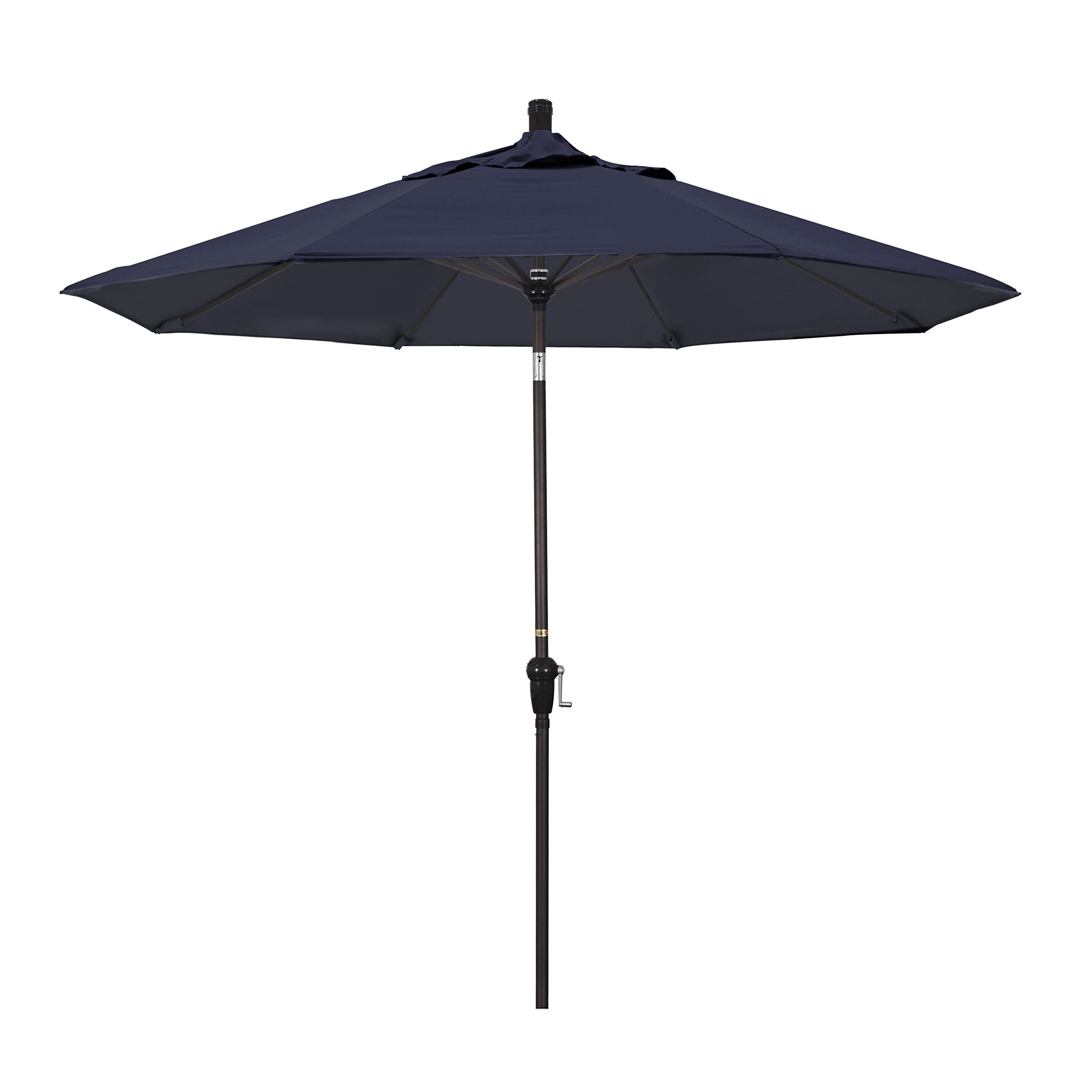 California Umbrella 9' Round Aluminum Market Umbrella, Crank Lift, Auto Tilt, Bronze Pole, Sunbrella Navy