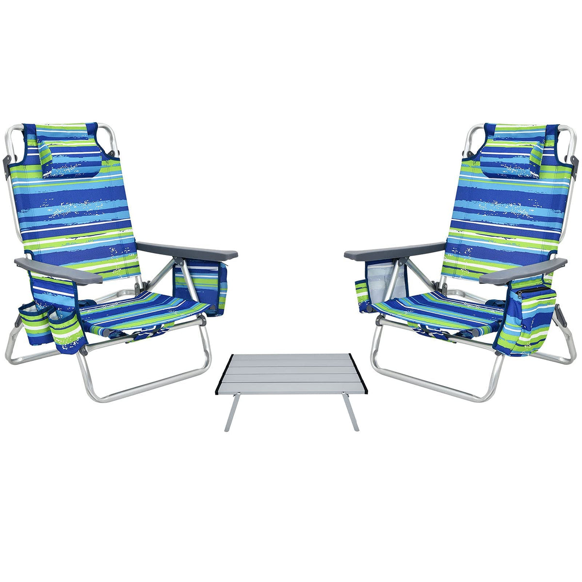 Giantex Folding Camping Chair 3 Pcs Beach Chair And Aluminum Table Set, Patio Sling Chairs With 5 Adjustable Position, Backpack Lawn Chair For Fishing,Travelling Sunbathing Chairs Set