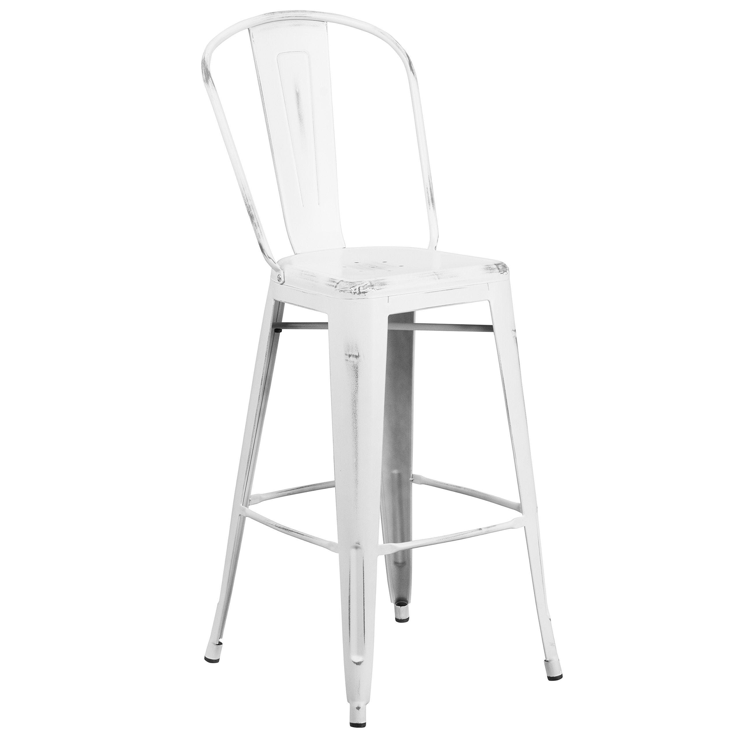 Flash Furniture Commercial Grade 30' High Distressed White Metal Indoor-Outdoor Barstool With Back