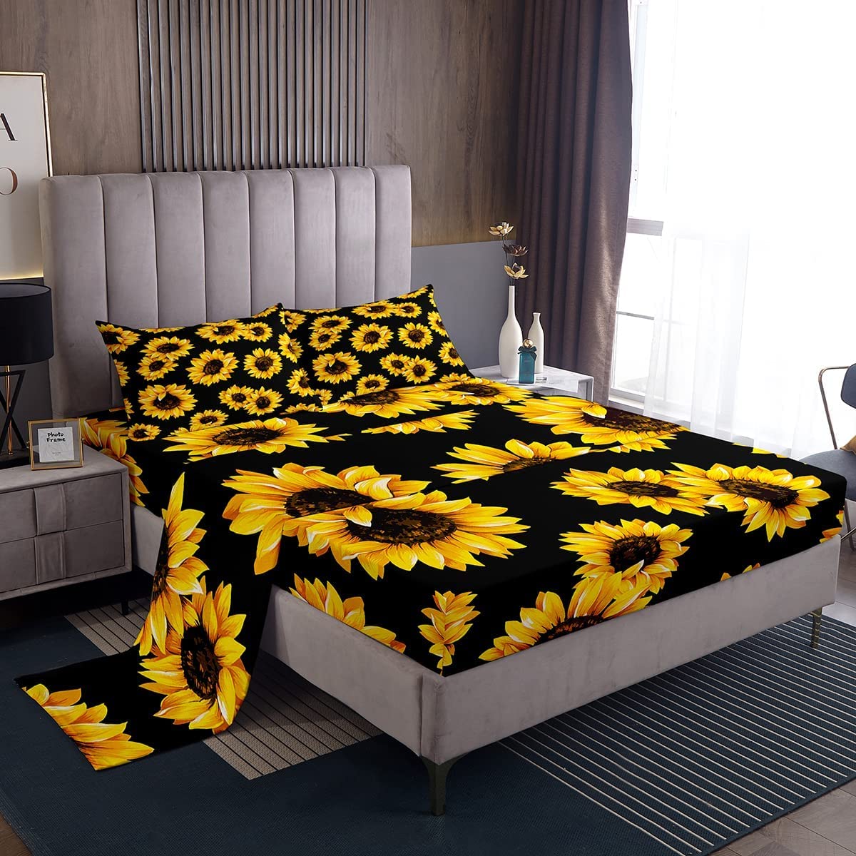 Sunflower Sheet Set King Size 4Pcs Sunflowers Bed Sheet Set With Yellow Flower Fitted Sheet Chic Floral Flat Sheet And 2 Pillowc