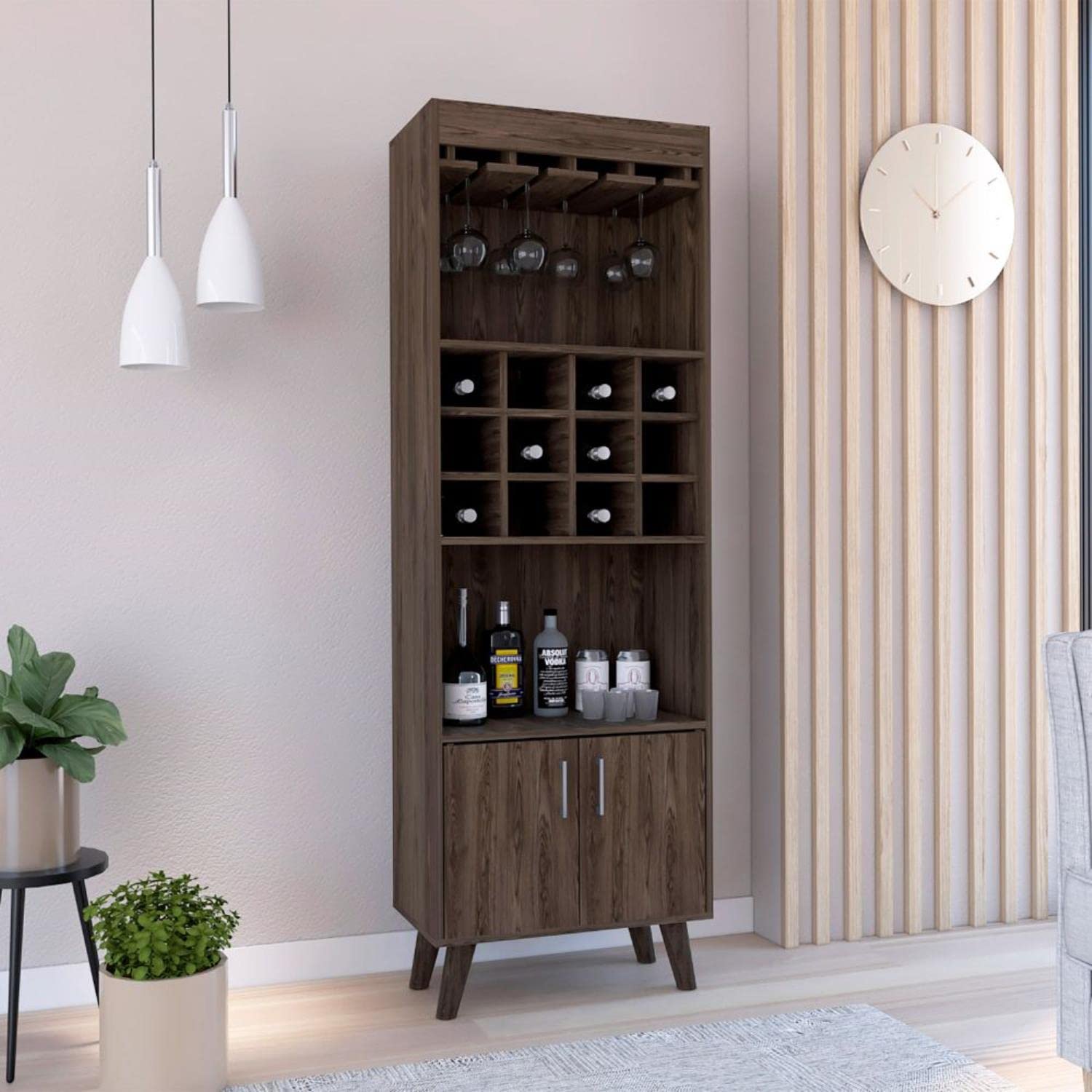 Harvey Bar Double Door Cabinet, 12 Wine Cubbbies, 2 Shelves, Dark Walnut