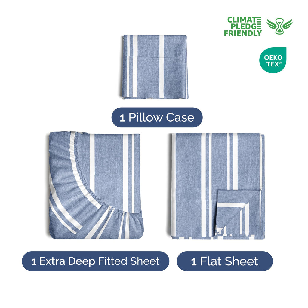 Extra Deep Pocket Cal King Sheets - 4 Piece Breathable & Cooling Bed Sheets - Hotel Luxury Bed Sheet Set - Soft, Wrinkle Free & Comfy - Easily Fits Extra Deep Mattresses - Blue Striped Sheets Set