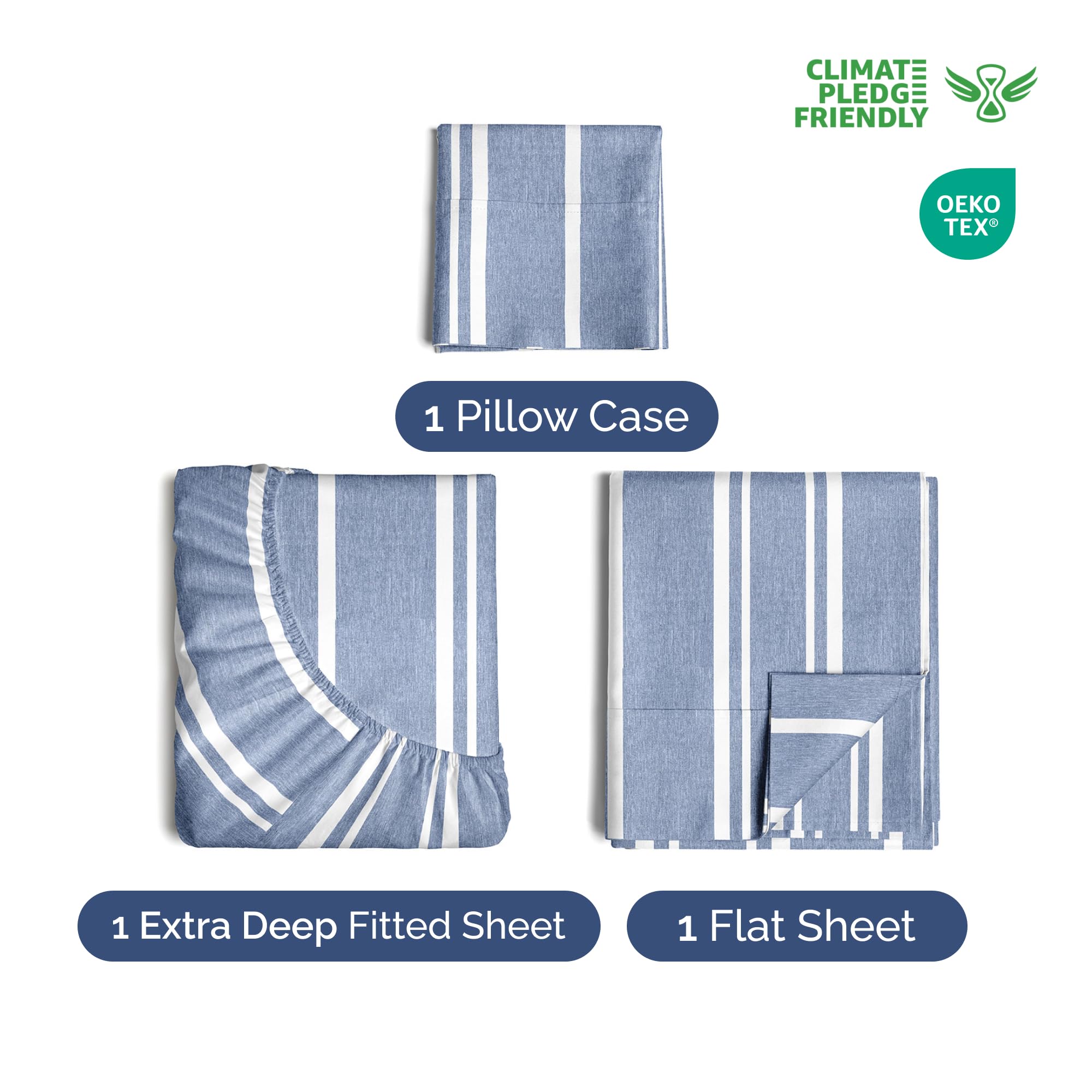 Extra Deep Pocket Cal King Sheets - 4 Piece Breathable & Cooling Bed Sheets - Hotel Luxury Bed Sheet Set - Soft, Wrinkle Free & Comfy - Easily Fits Extra Deep Mattresses - Blue Striped Sheets Set