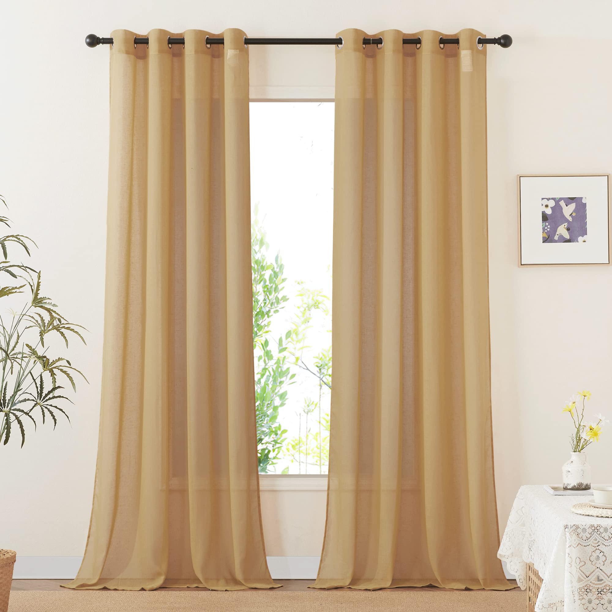 Nicetown Desert Yellow Curtains For Living Room, Grommet Flax Linen Sheer Curtains Semitransparent With Light Filtering Luxury &