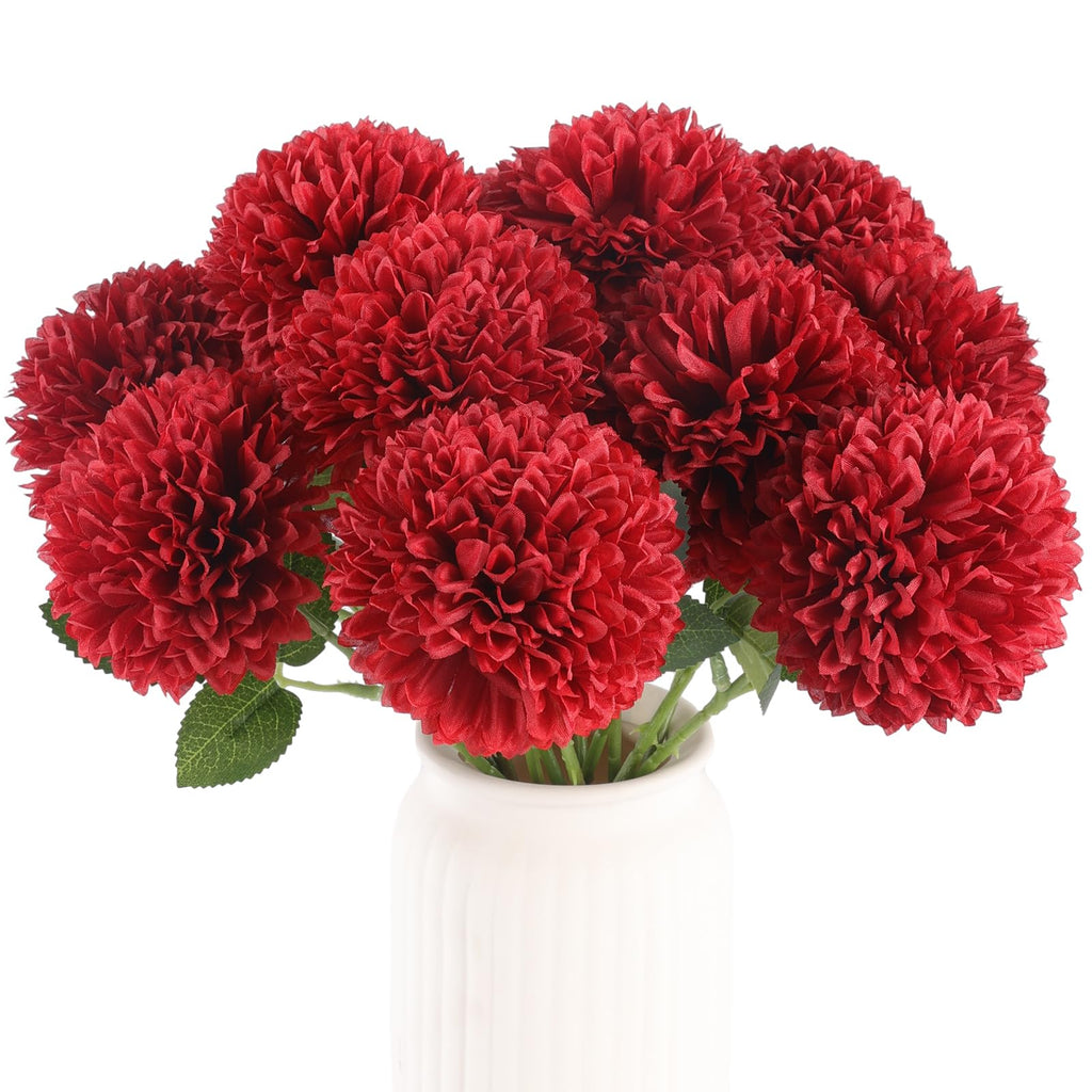 Hananona 12 Pcs Artificial Chrysanthemums Flowers Burgundy Flowers, Fake Mums Flowers Silk Flowers for Spring Home Decor Indoor 