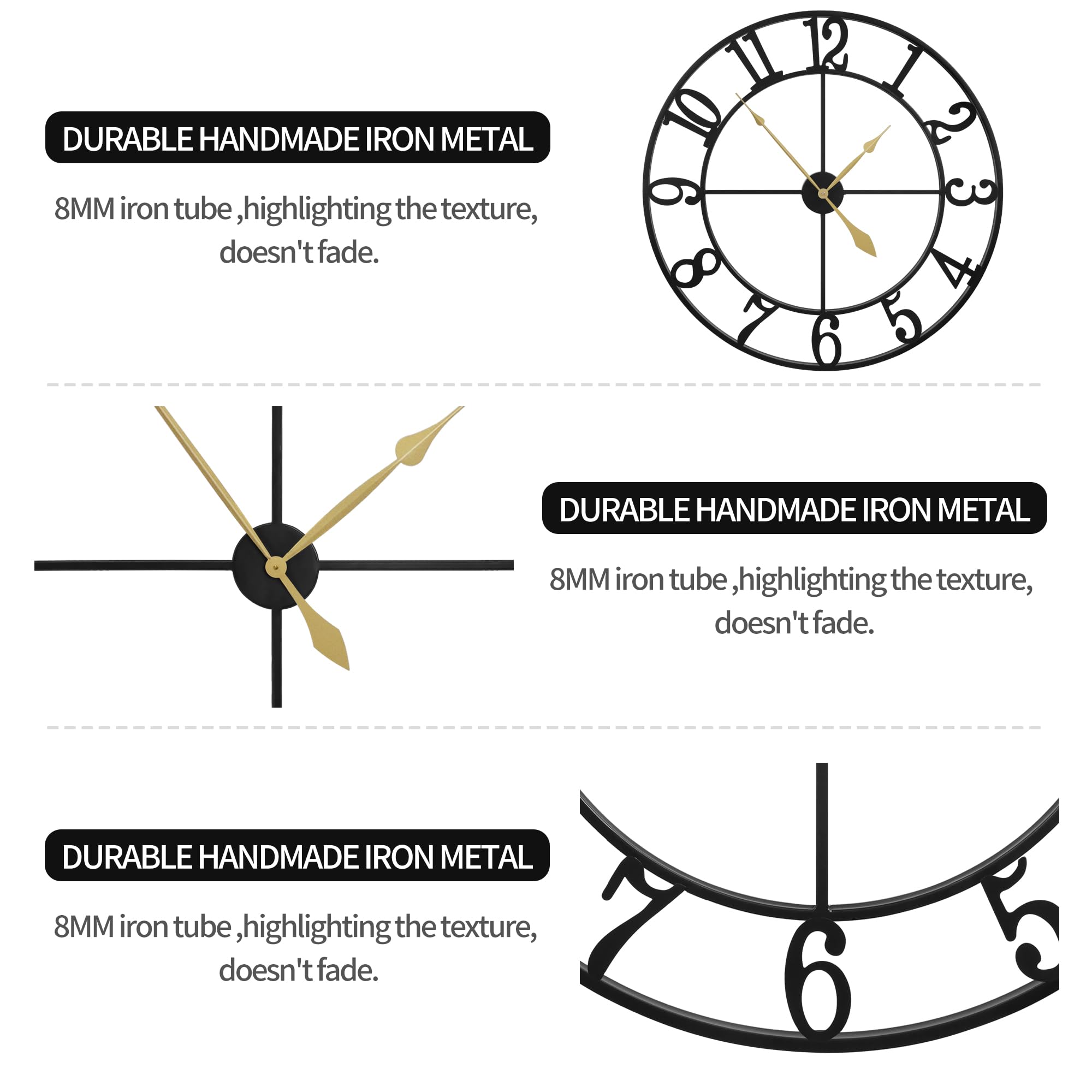 Leike Extra Large Wall Clocks,Silent Little Ticking,Battery Operated Vintage Round Modern Metal Wall Clock For Living Room, Bedr