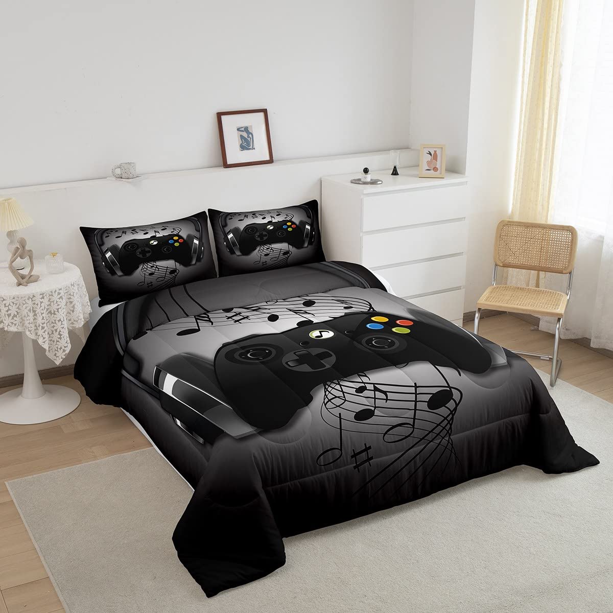 Gamer Comforter Set Twin Size,Black Grey Headphones Musical Design Games Gamepad Bedding Set For Kids Boys Video Game Room Decor