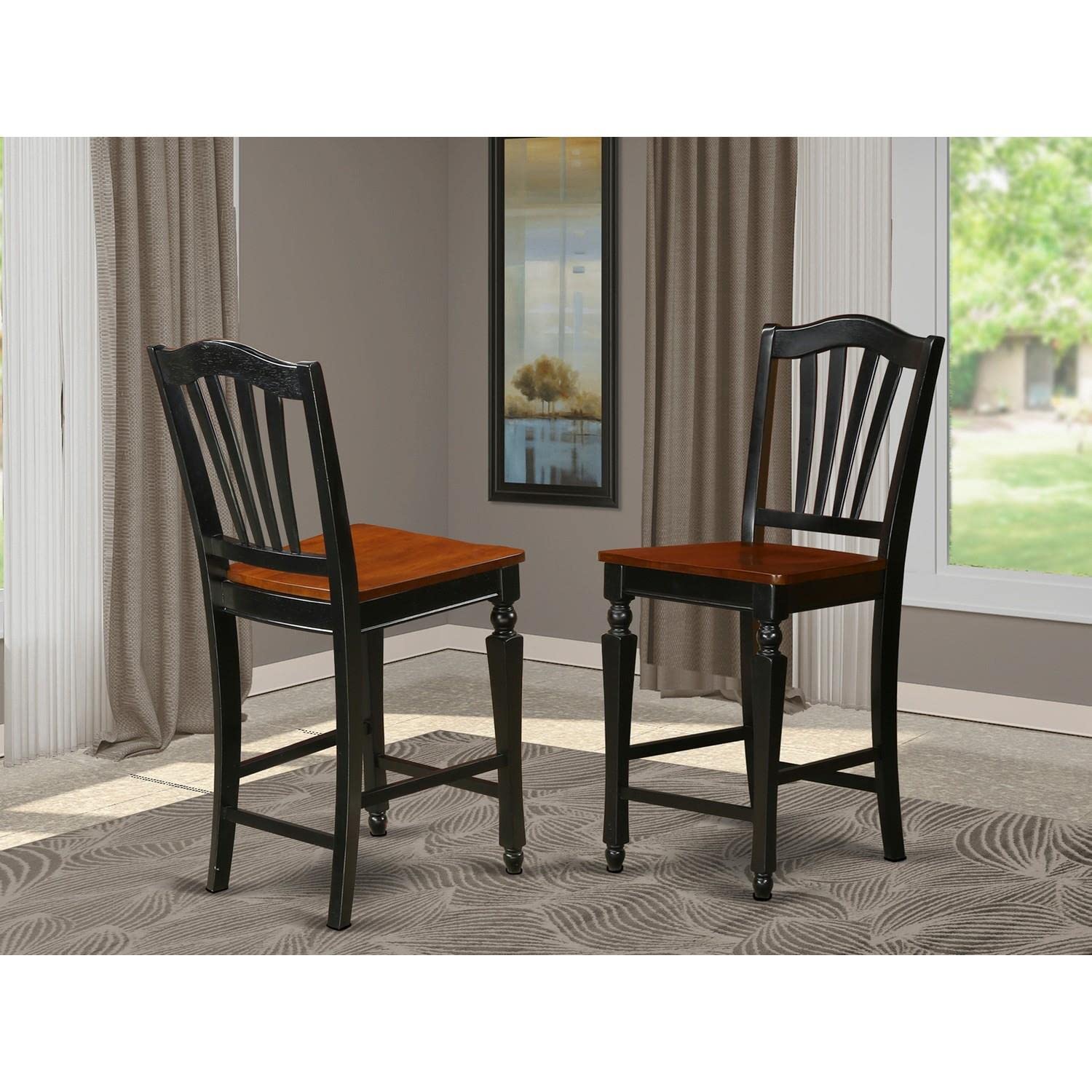 East West Furniture CHS-BLK-W Chelsea Counter Height Barstools - Slat Back Wooden Seat Chairs, Set of 2, Black & Cherry