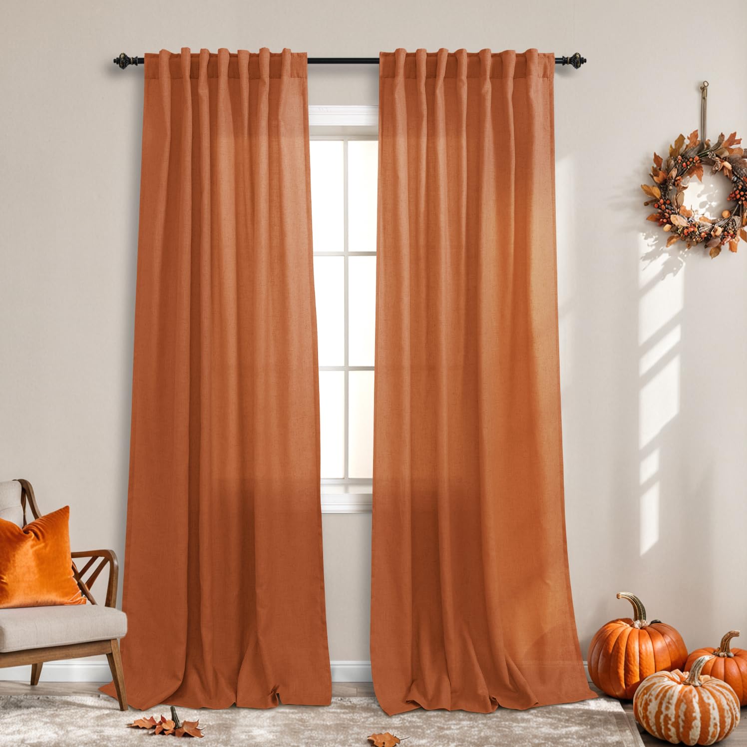 Koufall Burnt Orange Curtains 2 Panels,Sheer Linen Mcm Mid Century Modern Curtains For Bedroom Living Room 84 Inches Long,Dark O