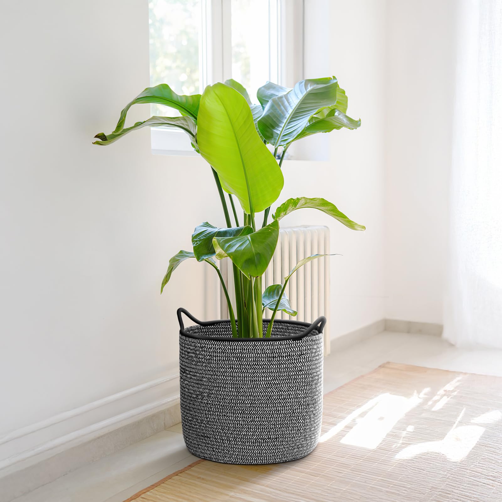 12 Inches Cotton Rope Plant Basket For Storage, Woven Coiled Organizer, Decorative Flower Pots Cover, Laundry Bin With Handle, H