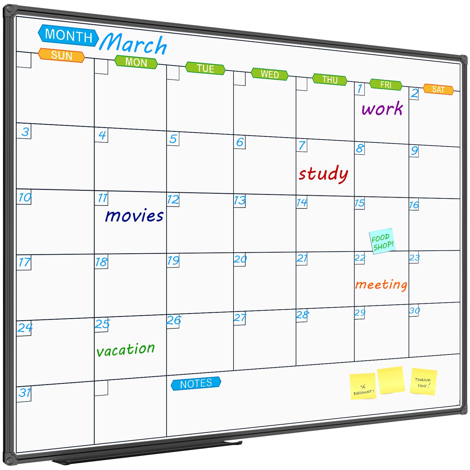 Jiloffice Dry Erase Calendar Whiteboard 48 X 36 Inch - Magnetic White Board Calendar Monthly, Black Aluminum Frame Wall Mounted