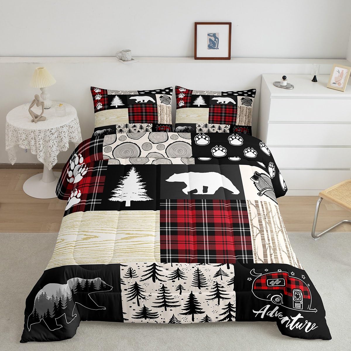 Bear Comforter Set Full Size,Pine Trees Animals Hunting Bedding Set For Kids Boys Girls Adults Room Decor,Camping Adventure Rust