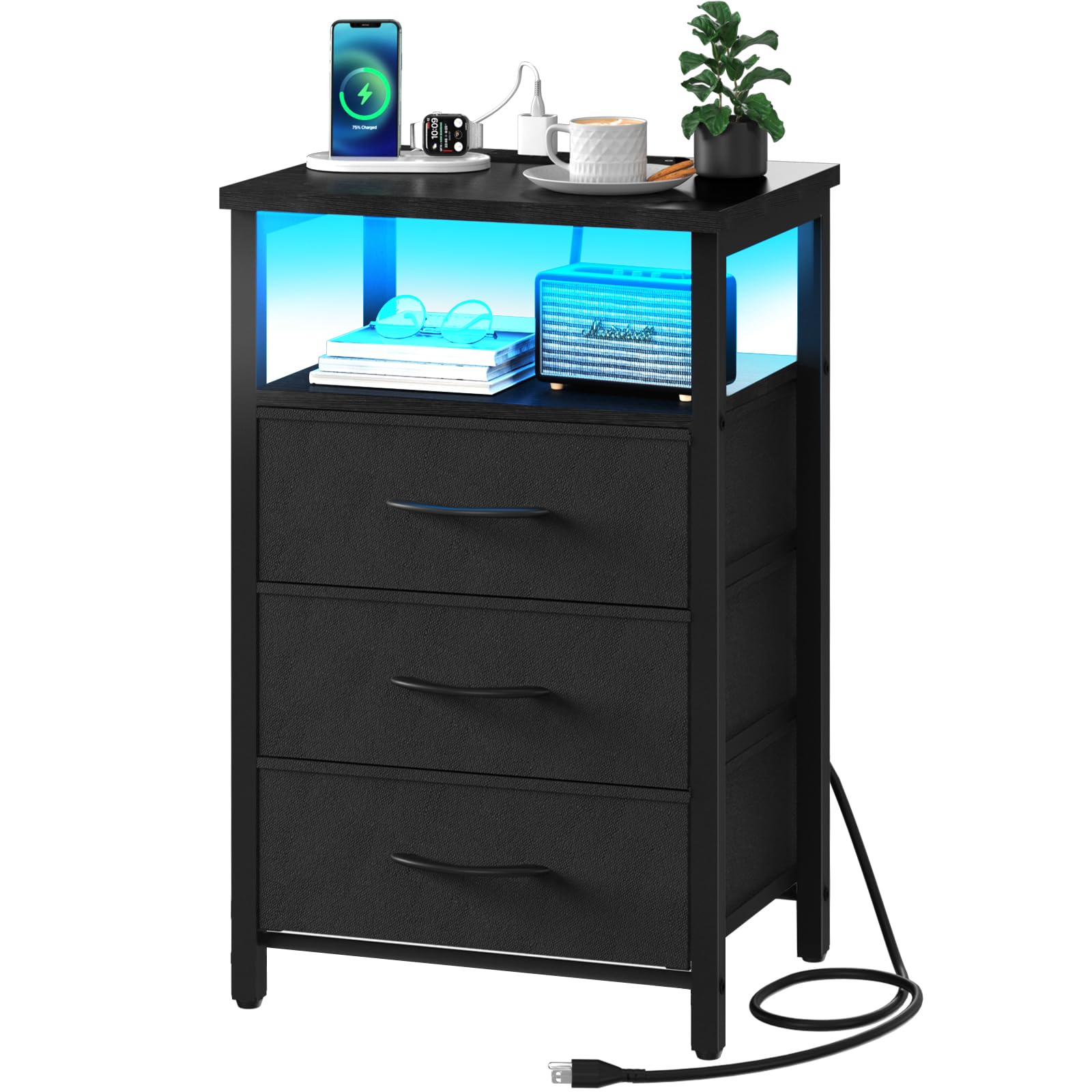 Yoobure Night Stand With Charging Station, 16 Colors Led Nightstand With Usb Ports And Outlets, End Table With 3 Fabric Drawers And Storage Shelf, Bedside Tables Small Dresser For Small Space Black