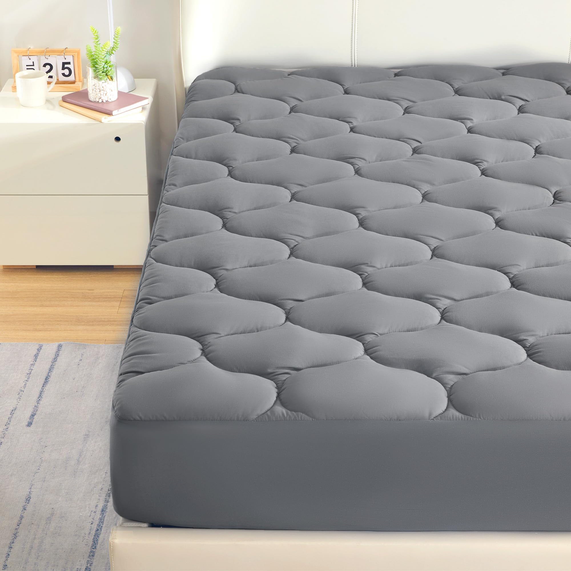 Sleep Zone Full Size Cooling Mattress Pad For Double Bed, Padded Mattress Protector Breathable Washable, Bedroom, Guestroom, Breathable & Fluffy (Grey, Full)