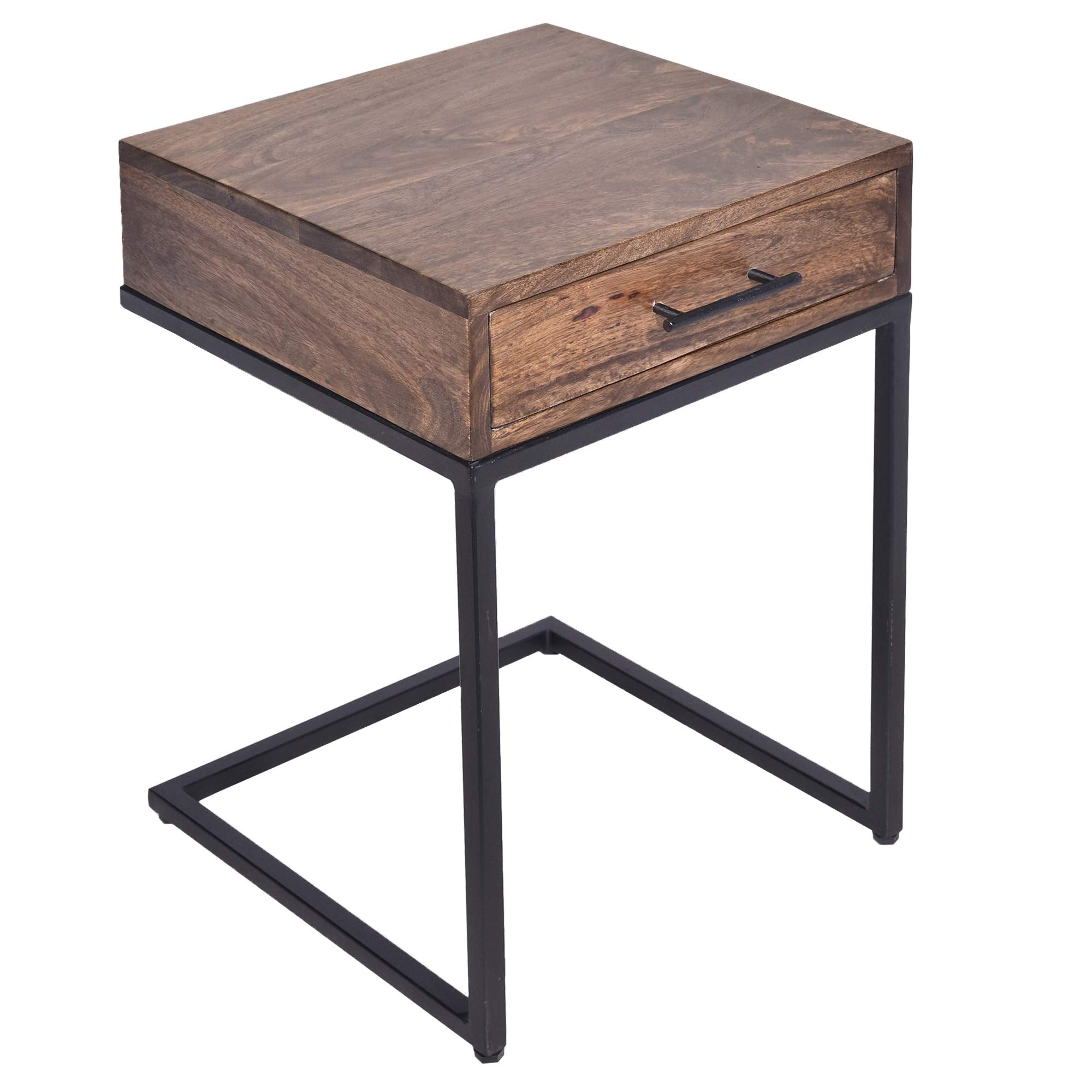 The Urban Port Mango Wood Side Table with Drawer and Cantilever Iron Base, Brown and Black