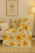 JutiePie Cotton Woven Throw Blanket with Tassels for Sofa, Bed & Couch | 3 Seater | 52x75 Inch Beige & Yellow Floral Design | So