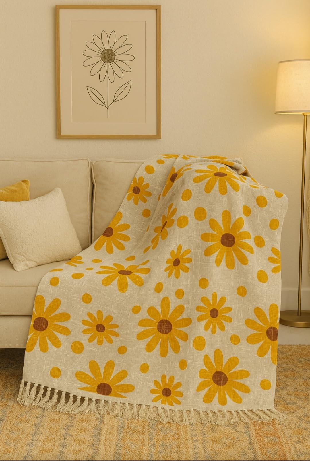 JutiePie Cotton Woven Throw Blanket with Tassels for Sofa, Bed & Couch | 3 Seater | 52x75 Inch Beige & Yellow Floral Design | So