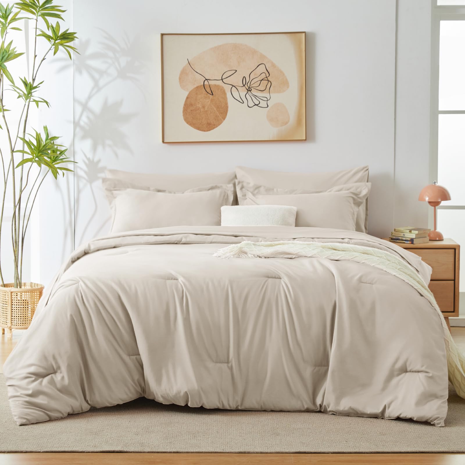 Cozylux King Comforter Set Beige, 7 Pieces Bed In A Bag Soft Bedding Comforter Set With Sheets, All Season Boho 7Pc Bed Sets With Comforter, Fitted Sheets, Flat Sheets, Pillow Shams And Pillowcases