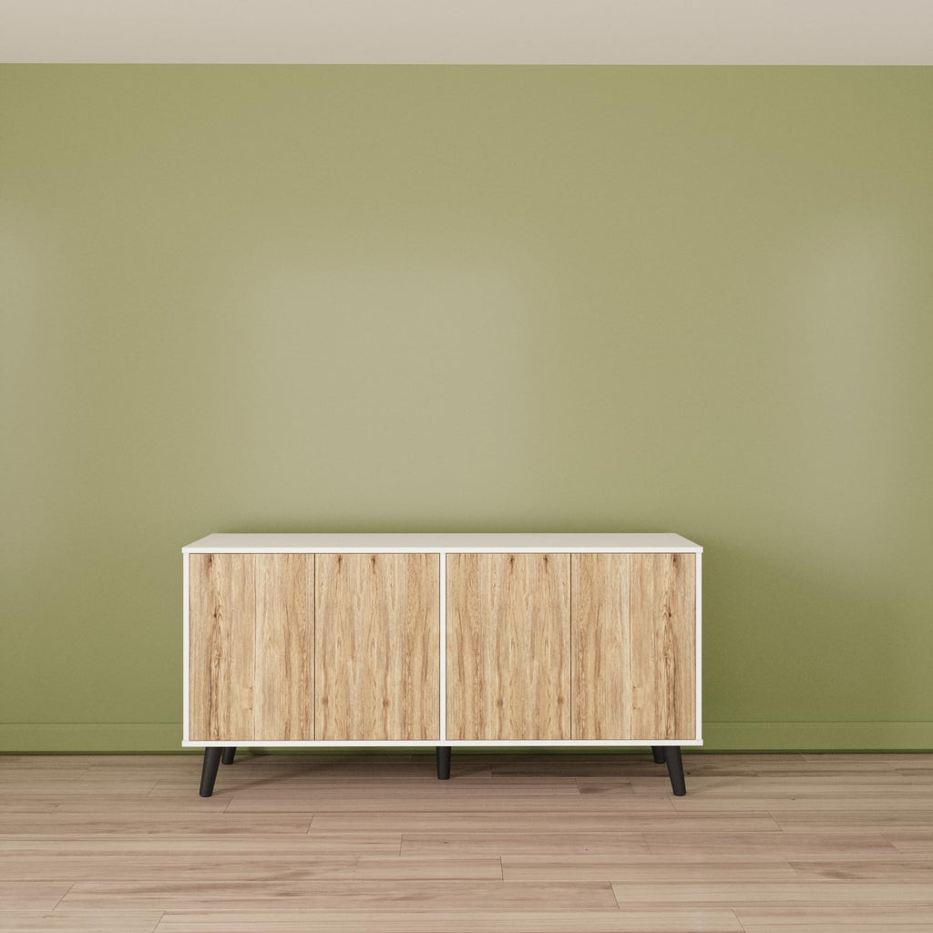 Sideboard Buffet Cabinet with Storage, 55" Kitchen Storage Cabinets with 4 Doors and Shelves (White & Natural)