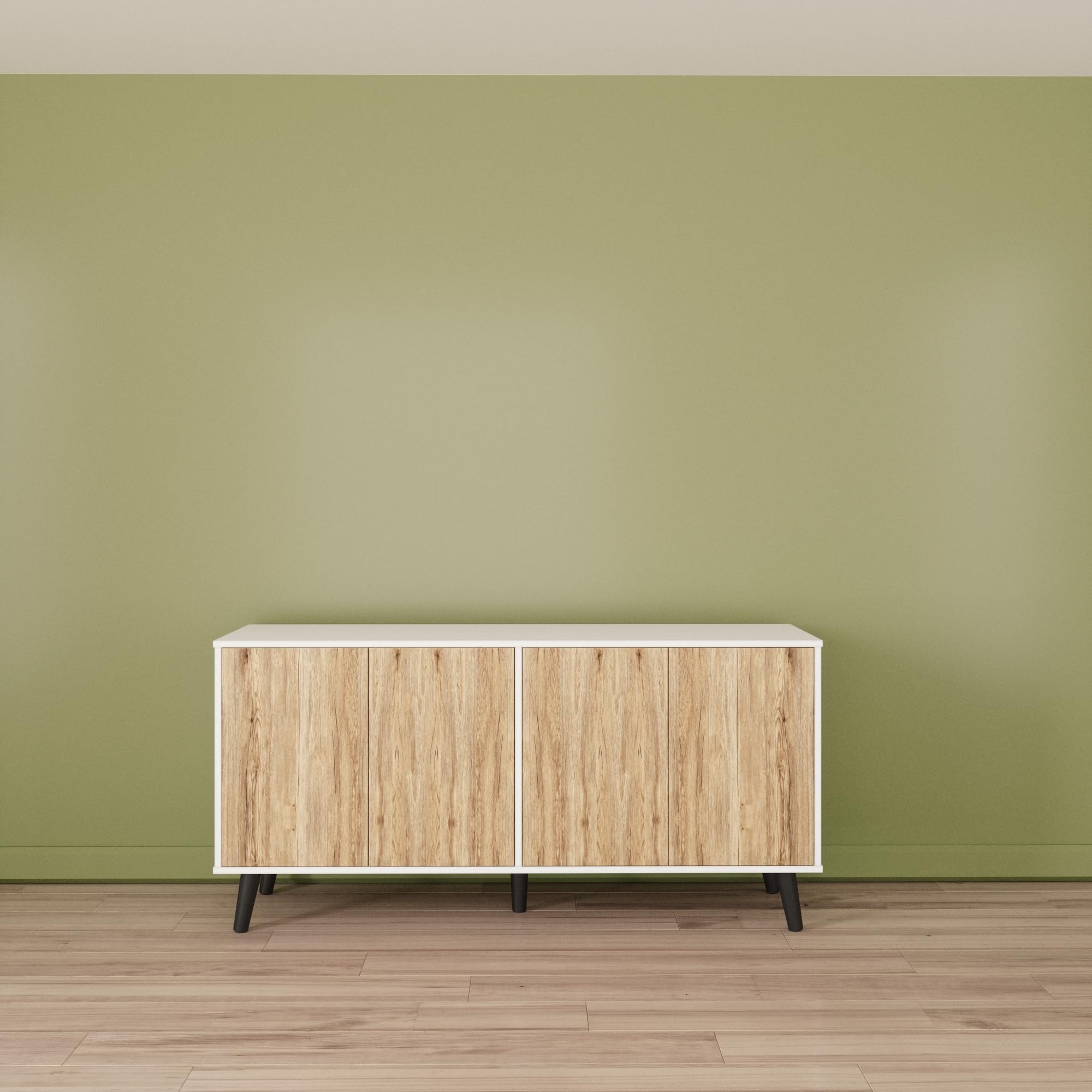 Sideboard Buffet Cabinet with Storage, 55" Kitchen Storage Cabinets with 4 Doors and Shelves (White & Natural)